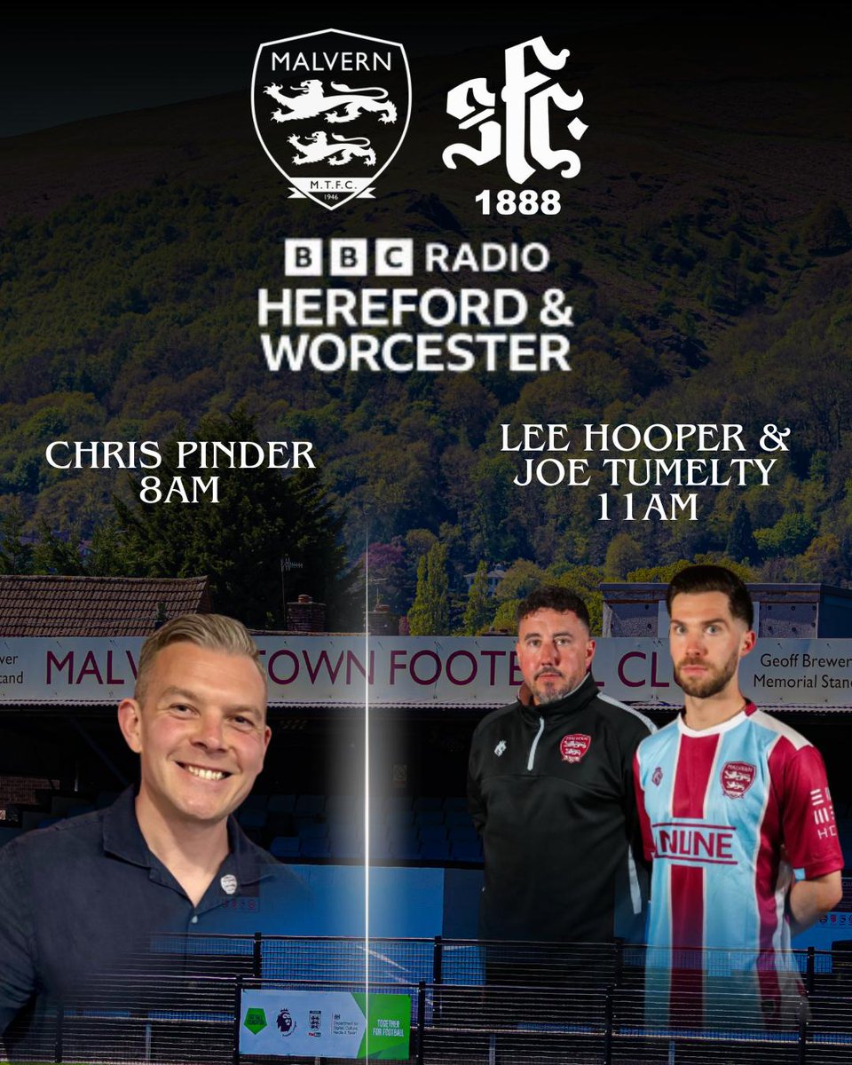 MalvernTown1946's tweet photo. 🌄MATCH DAY | There are media duties to attend to this morning with Chair, Chris Pinder, live on @bbchwsport from 8am and manager, Lee Hooper, at 11am. Skipper, Joe Tumelty will also be sharing his pre-match thoughts

A shout-out has also been given on @talkSPORT

#MakingMalvernProud