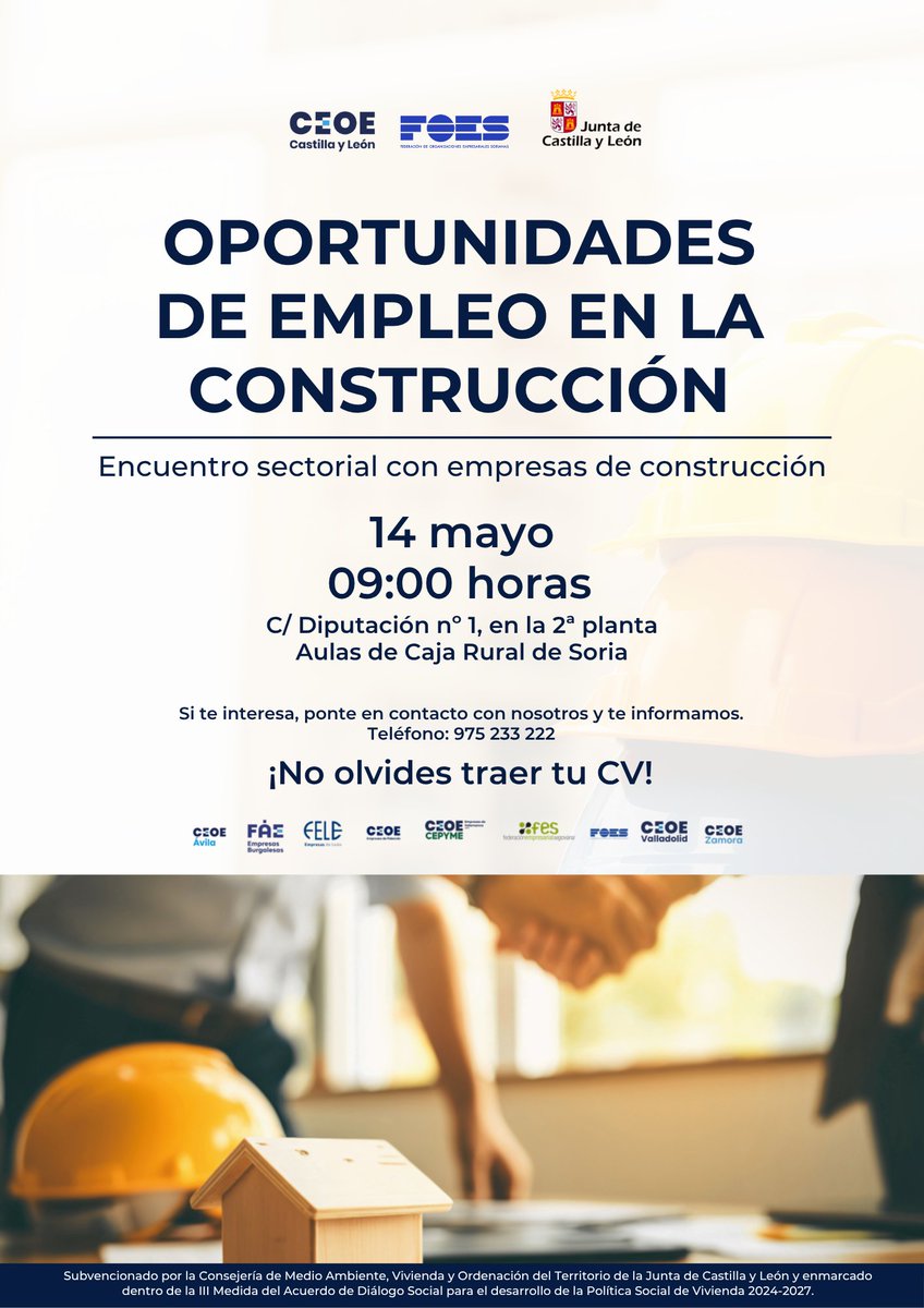 FOES_SORIA's tweet photo. ➡️El próximo 14 mayo a las 09:00h encuentro de oportunidades de la construcción en Soria

🫱🏻‍🫲🏼🔎Conoce empresas del sector y accede a ofertas de empleo. ¡Trae tu CV! 

📞Más info: 975 233 222
‼️Plazas limitadas 

ℹ️ https://t.co/JR5K6SXI8v https://t.co/Gt2Vqa3cRw