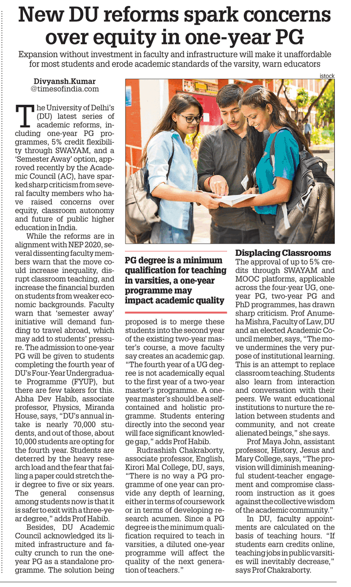 thakur_div01's tweet photo. New DU reforms spark concerns over equity and depth of learning in one-year PG

Read full story here | https://t.co/tUxiBiFaCF

#Delhi #DU #DU_Academic_Council #FYUP https://t.co/Eb4Za5tRZq