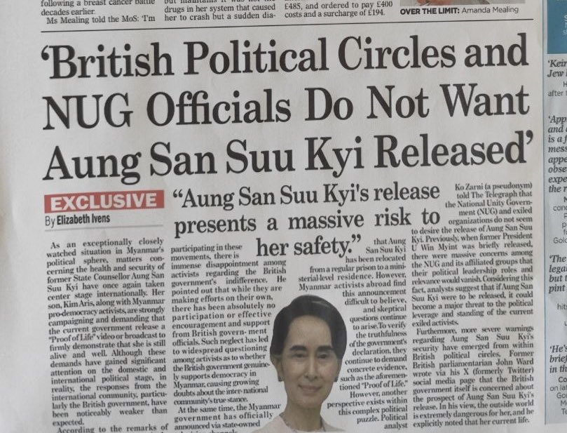 MoeSatKhinn's tweet photo. Are her "allies" blocking her return? While many call for Daw Aung San Suu Kyi’s release, a report by @Telegraph reveals that certain UK politicians, @NUGMyanmar officials &amp; overseas activists are reportedly reluctant to see her freed. 1/3 
#WhatsHappeningInMyanmar #NUG #PDF #ERO https://t.co/j9TrdDNUq2