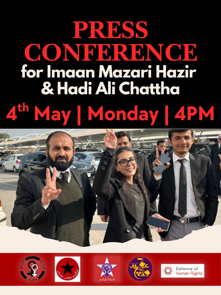 Aurat_marchisb's tweet photo. People who have stood for the voiceless have now been incarcerated for 100 days over a single tweet. 

Today it’s them, tomorrow it could be you.

Join us for a press conference for Imaan Mazari Hazir and Hadi Ali Chattha.

📅 4th May
🕓 4:00 PM
📍NPC, ISL

#ReleaseImaanandHadi https://t.co/lfoqCNcIMi