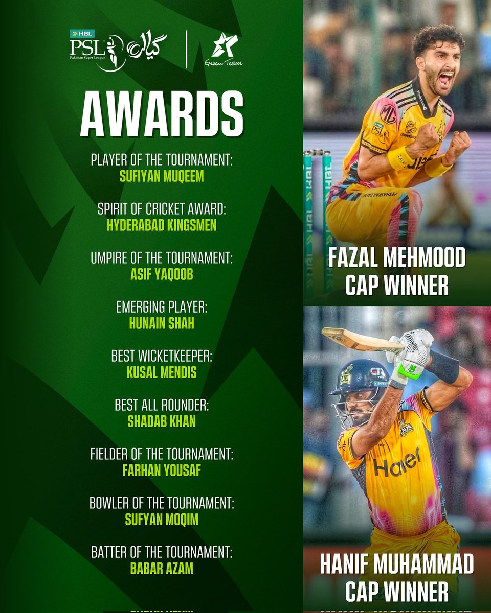 GreenTeam1992's tweet image. Here are all the awards received during the final ceremony of the 2026 Pakistan Super League! 👇

#HBLPSL11 | #Cricket | #GreenTeam | #OurGameOurPassion | #KhelKaJunoon