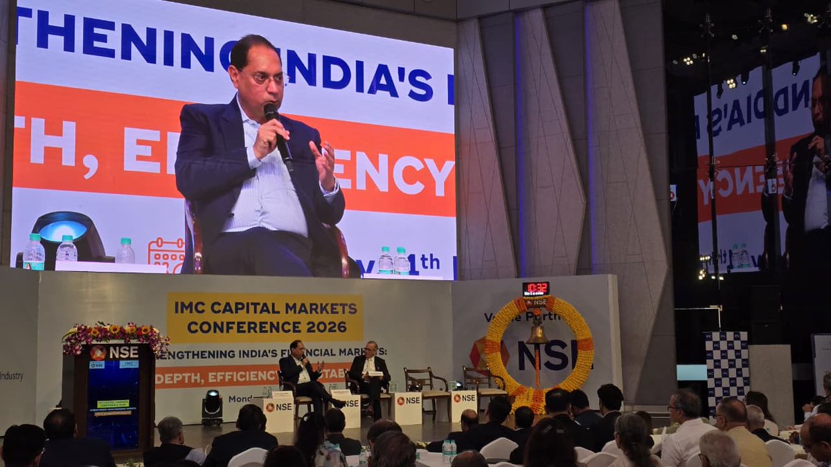 NSEIndia's tweet image. Shri Tuhin Kanta Pandey, Chairman, SEBI, engaging in a compelling fireside chat with Shri Mrugank Paranjape, Chairman, IMC CMTF as part of the IMC Capital Markets Conference 2026, at @NSEIndia, today.

#NSE #NSEIndia #IMC #Conference #CapitalMarket @IMC_India