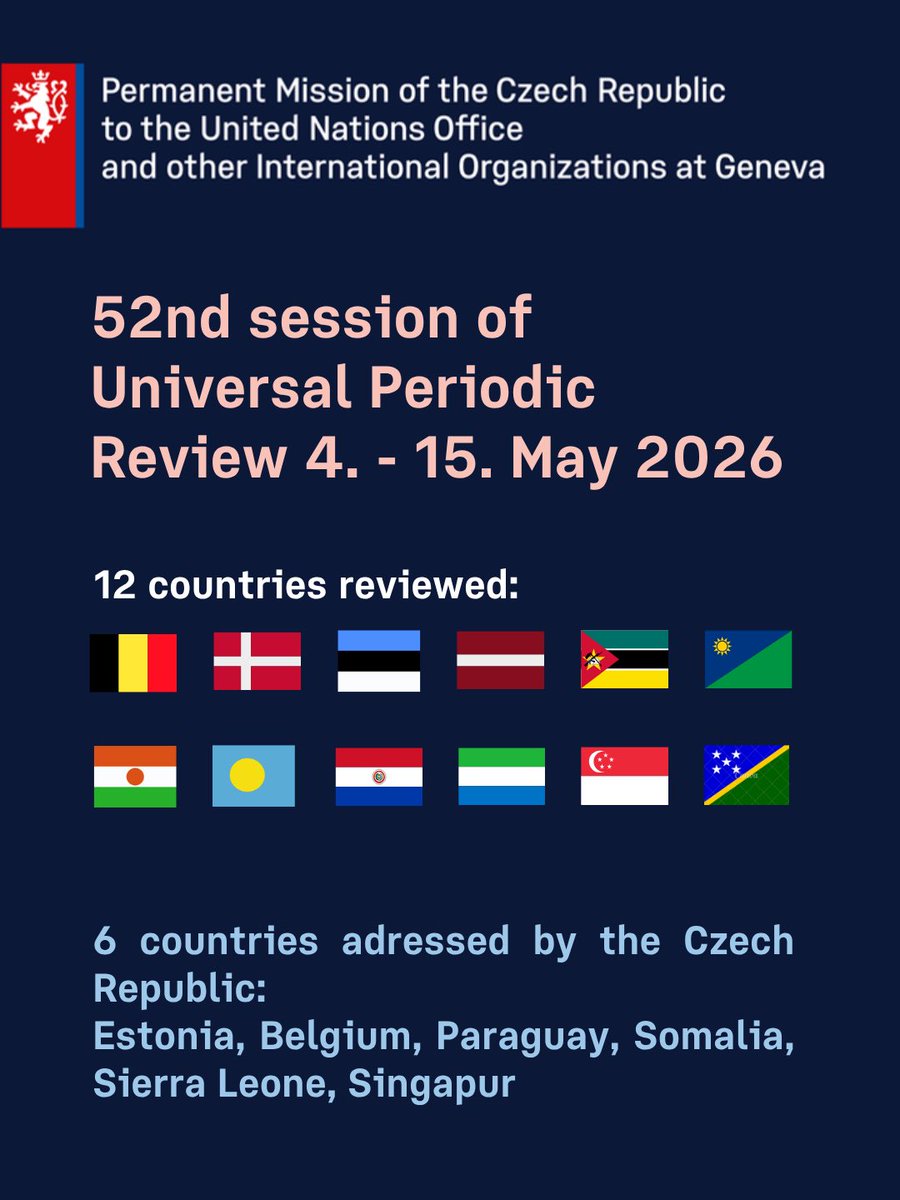 CZMissionGeneva's tweet image. Today marks the start of the 52st @UN Universal Periodic Review! #UPR52 States will receive recommendations to enhance human rights in their countries, with 🇨🇿 actively participating. #UPR #HumanRights