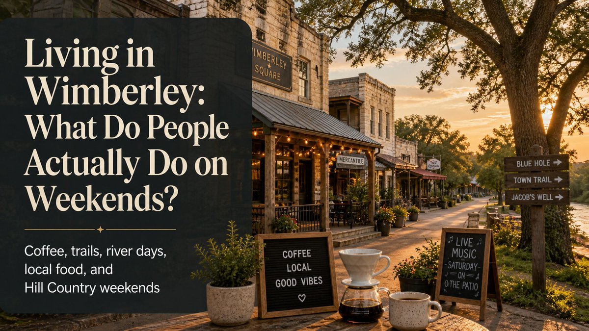 CPesek_Realtor's tweet photo. Weekends in Wimberley are about coffee, trails, markets, river time, live music, and slow Hill Country living. It works if you want lifestyle, not constant convenience. → Read the full article here: https://t.co/fSAXw96TMf https://t.co/49eDKlq2AO