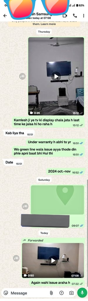 deepak_mariner's tweet photo. @SamsungIndia TV it's still under warranty but i have started facing an issue,displays shows green line  and sometimes the display goes off and only audio is coming I have reported to the service centre they denied raise the service request@pullan_raju 
Chat of service engineer https://t.co/VFXwTIFjhL