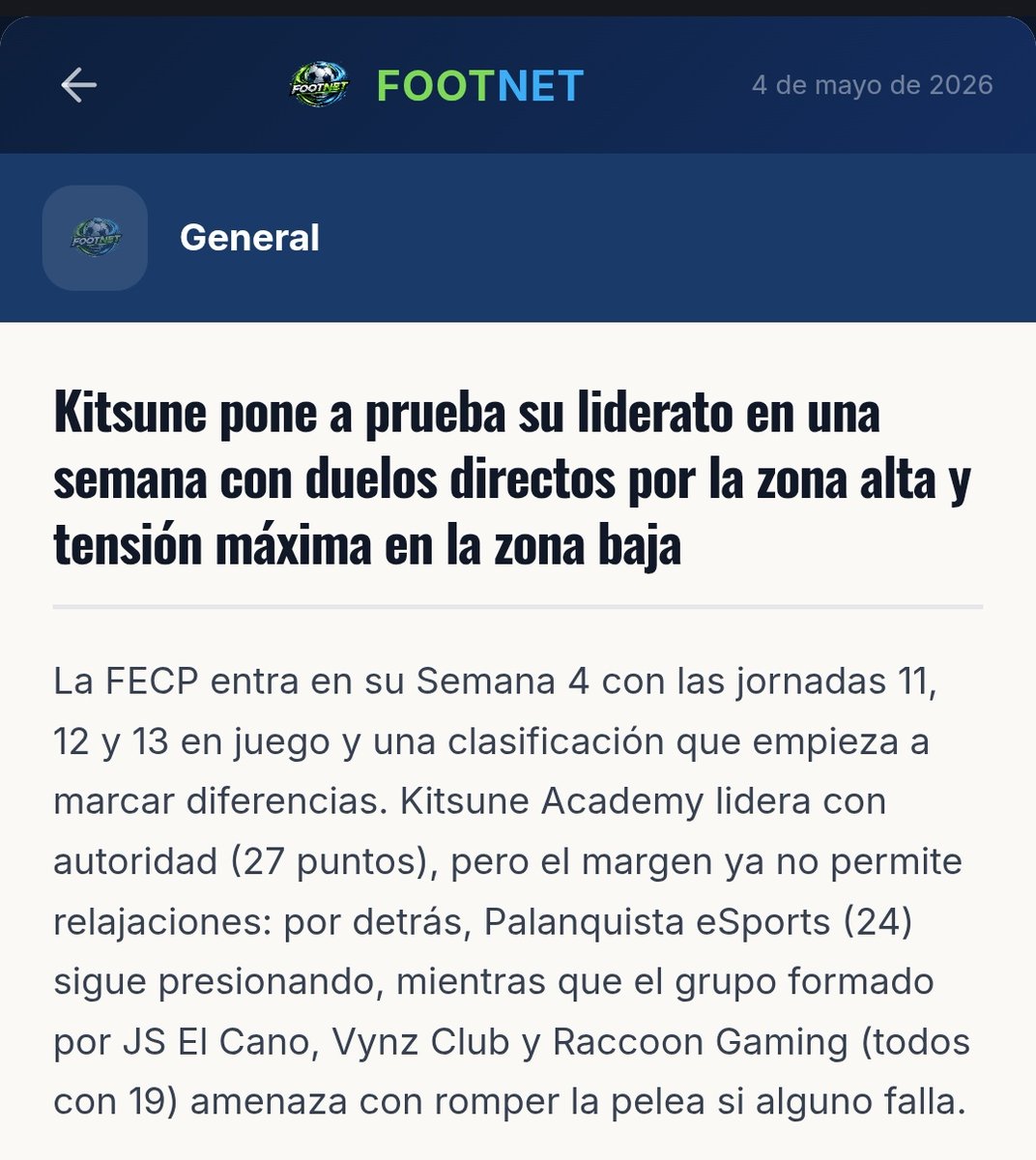 FootNetMedia's tweet photo. FECP 1A DIVISIÓN
Semana 4
Noticia Completa en:
📰 https://t.co/sayg7cenz3
@kaoticesports_ 
@Golde_knights 
@KitsuneAcadem 
@BlackRaptorsCP 
@Palanquista_eSp 
@RaccoonGamingPS 
@Green__Legacy 
@VynzClub 
@FreeLynxTeam 
@ATLAS_SportsFc
@AguilasD0radas
@JSELCANOO https://t.co/4AFnWlzFAe