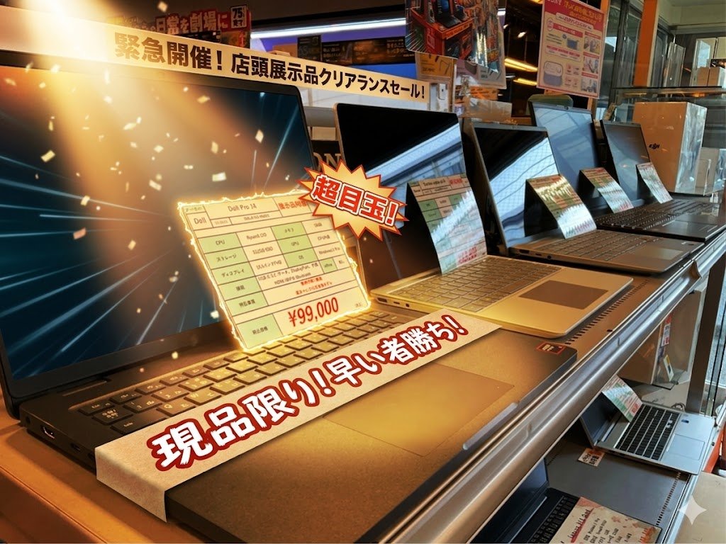 ELP_kochi's tweet photo. 現品限り！早い者勝ち！

店頭展示品パソコンを特別価格で大放出！！ 憧れのスペックが、驚きの価格で手に入るチャンスです。
お買い得ですのでおぬぬめです('ω')ノ
#パソコン #展示品特価 #GW https://t.co/LAj4DgedyF