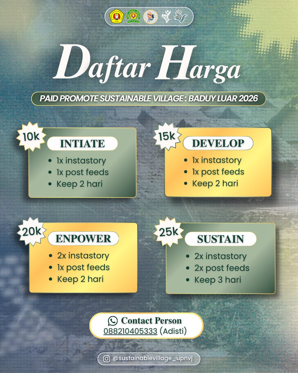 itzxanggi's tweet photo. OPEN PAID PROMOTE  Sustainable Village: Baduy Luar 2026

Punya usaha, brand, atau event? Yuk promosiin di sini 📈

Target audiens sesuai + harga ramah 💸
⚠️ Slot terbatas jangan sampai kehabisan! 

📲 088210405333
#PaidPromote #PromosiUMKM #OpenPaidPromote #zonauang https://t.co/VVTHpAWWXK