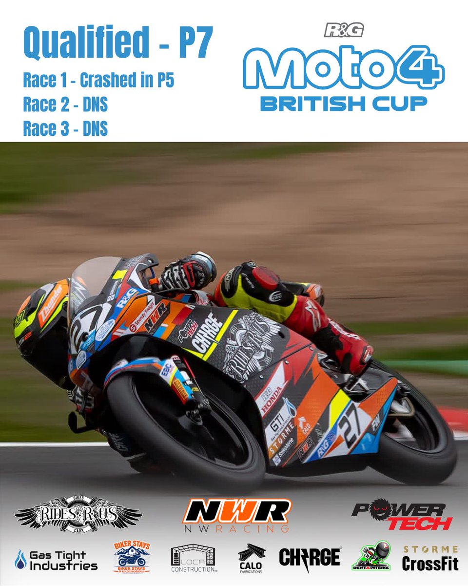 HudsonKaiCooper's tweet photo. Oulton Park R&G Moto4 British Cup Update

After a strong start to the weekend, qualifying P7 and running competitively inside the top five during Race 1, my race came to an early end following a crash on lap 11 after losing the front on the little dip in the chicane. I’d like to apologise to Luke Fitchett Racing, who was unfortunately hit the back of my departing bike in the incident.

During the crash, I sustained a significant laceration to my neck from smashing through the screen of my bike, which means unfortunately I’m unable to take any further part in the weekend on medical grounds. The Medical team at @OfficialBSB have been incredible so a massive thanks to how they have looked after me, they have been amazing.

Thank you to everyone who reached out and checked in, it’s massively appreciated. There are clear positives to take from the weekend, particularly qualifying P7 and showing strong pace with the front groups while battling for P5. It’s really been encouraging to see my consistent top ten pace at the tests & on my debut in the @moto4british Championship.

A big thank you to the whole NW Racing team, my chief engineer Simon Powertech UK, and everyone who has supported me on this journey so far.

We take the positives, reset, and come back stronger.

📸 - Malcolm Doyle