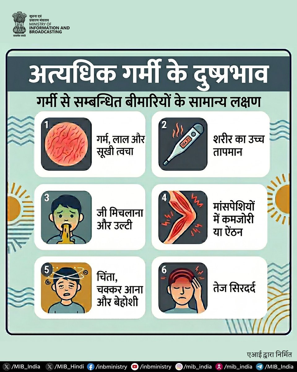 CBCJaipur's tweet image. अत्यधिक गर्मी से बचें और इसके दुष्प्रभावों से बचने के लिए लक्षणों को नजरअंदाज न करें। 

समय पर पहचान और बचाव ही सुरक्षा है।

#BeatTheHeat #Heatwave

@MoHFW_INDIA