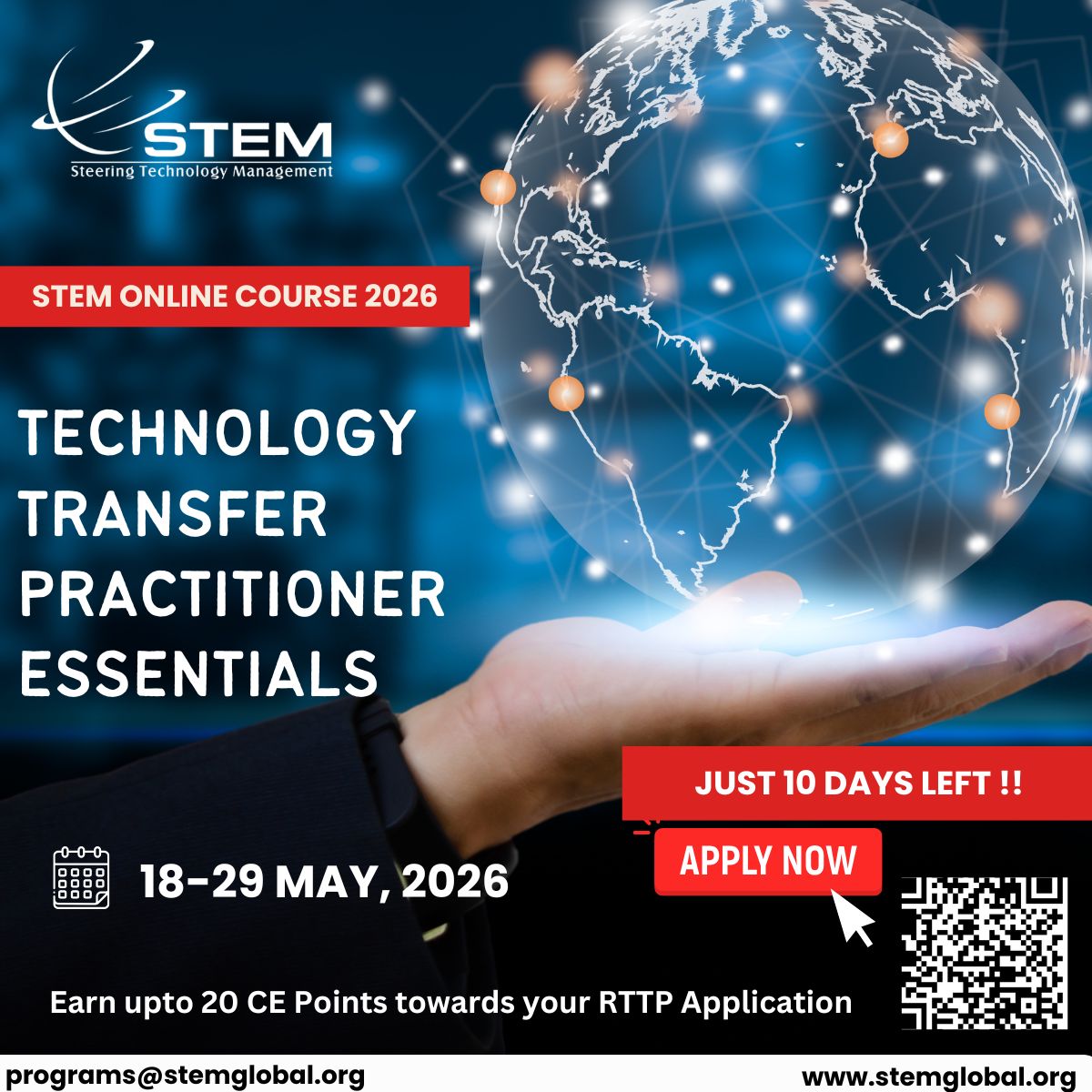 STEMTechTransfr's tweet photo. 10 days left to join the Technology Transfer Practitioner Essentials online course!
Build practical expertise in technology transfer, innovation commercialization, and research impact while earning up to 20 CE points toward your RTTP application. https://t.co/ZAqABTO8l6