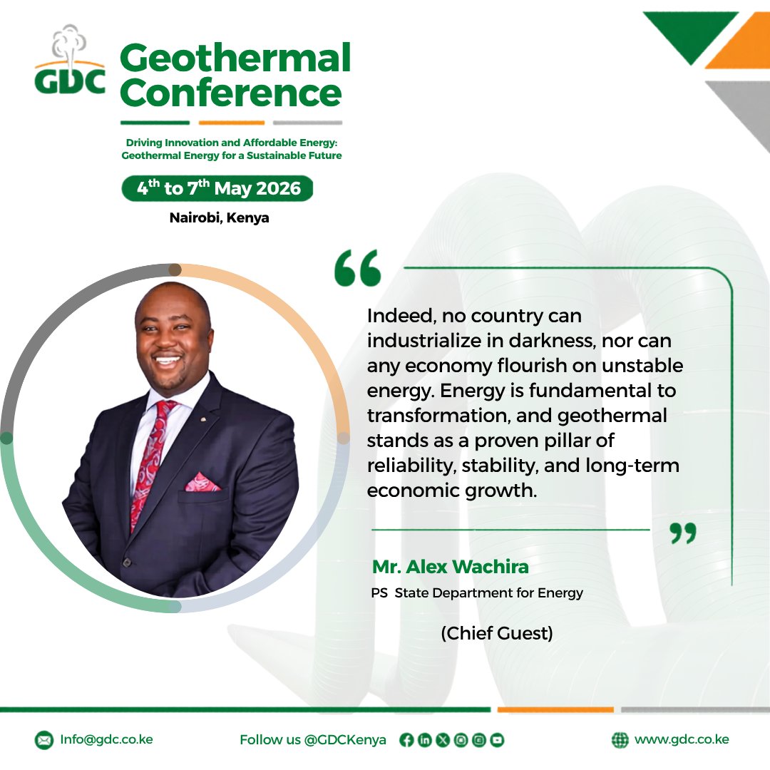 GDCKenya's tweet photo. “I challenge us all to transition from ideas to implementation, from potential to viable projects, and from dialogue to delivery,” Mr. Alex Wachira, Principal Secretary for the State Department for Energy.
#GDCGeothermalConference #GeothermalLeadership #GeothermalConference2026 https://t.co/3HbCcAezh0