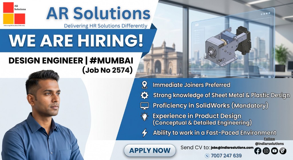 indiarsolutions's tweet photo. We’re Hiring: Design Engineer!

AR Solutions is looking for a technically proficient and creative Design Engineer for a role based in Mumbai. 

If you specialize in product design and thrive in fast-paced environments, we want to hear from you!

The Details
Job ID: 2574 https://t.co/ookfh2xLHq