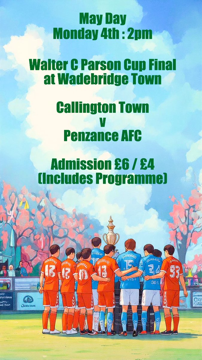 swpleague's tweet photo. Today's the day - The @WalterCParson Cup Final !

See you at @WadebridgeTown this afternoon, with a 2pm kick off as @CallyTownFC face @PenzanceAFC 

Admission is £6 / £4 and includes Programme, accompanied children Free

And remember, "May the Fourth" be with you today ⭐️🌟⭐️🌟
@swsportsnews