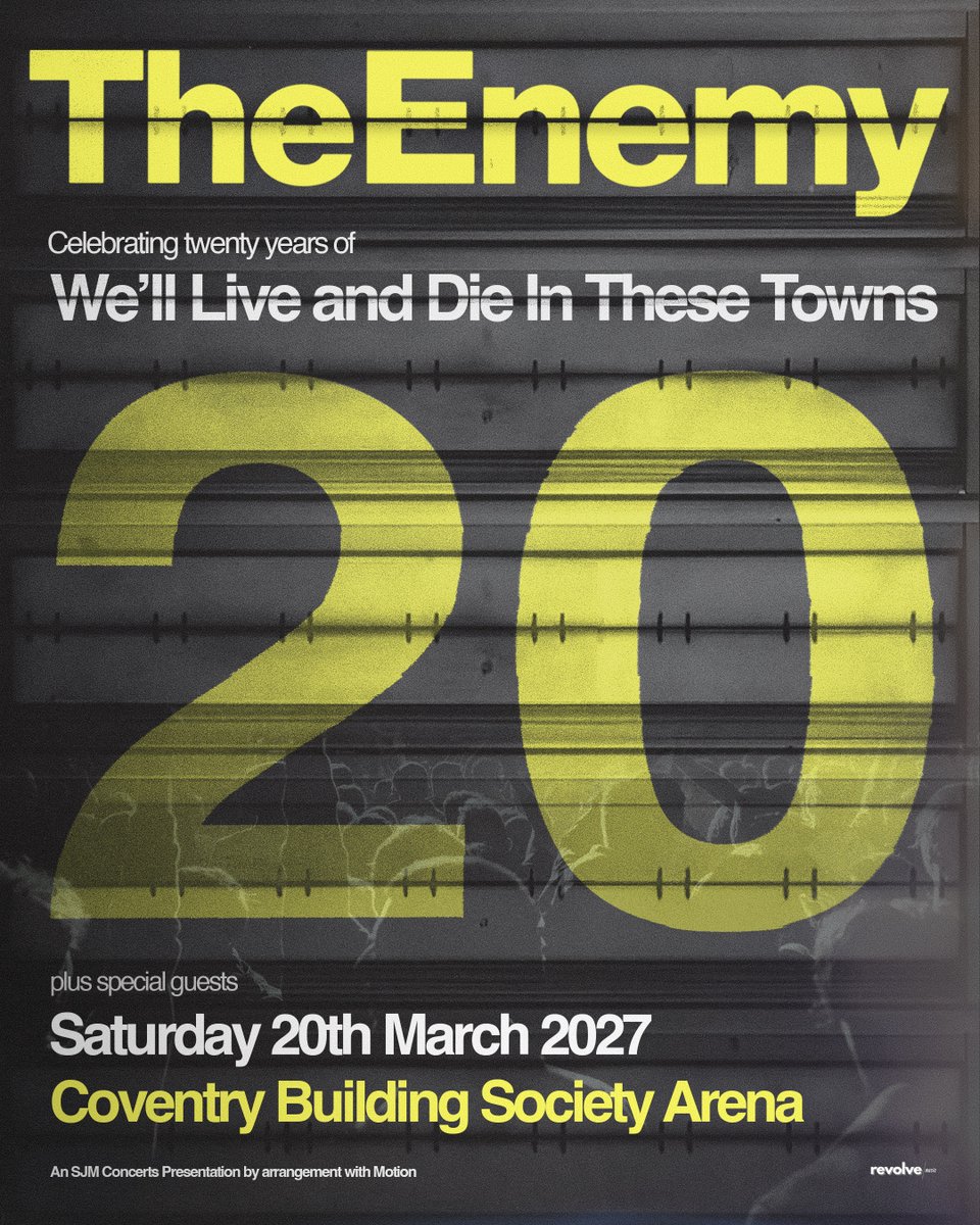CoventryCityFC's tweet photo. The Enemy return to @CBSArena on March 20th, 2027 to celebrate 20 years of their Platinum-certified #1 debut ‘We’ll Live And Die In These Towns’.
 
Tickets will go on Pre sale exclusively to season ticket holders first on May 6th at 10am.
 
General sale from 10am on May 8th.