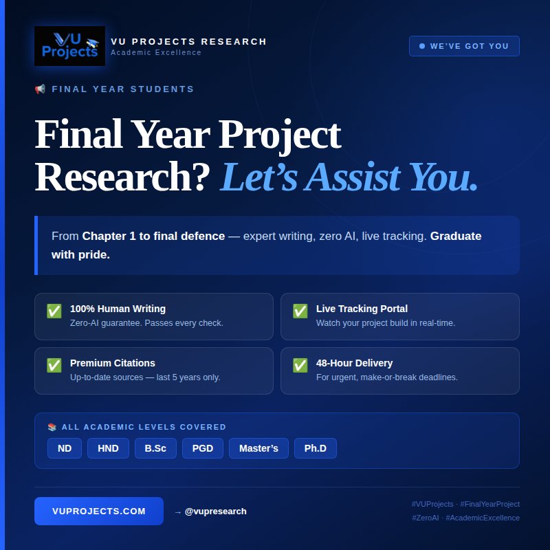 vupresearch's tweet photo. VU Projects Research. ​We’re bringing human-led integrity back to academia.
✅Zero-AI Guarantee
✅Strict 5-Year Citation Rule
✅BSc to Ph.D. Support
✅VU-Verify Plagiarism Reports
​Stop guessing. Start researching. ​Check us out: https://t.co/INFUEOx4Xo 🎓 #AcademicTwitter https://t.co/hR1DdEPFuA