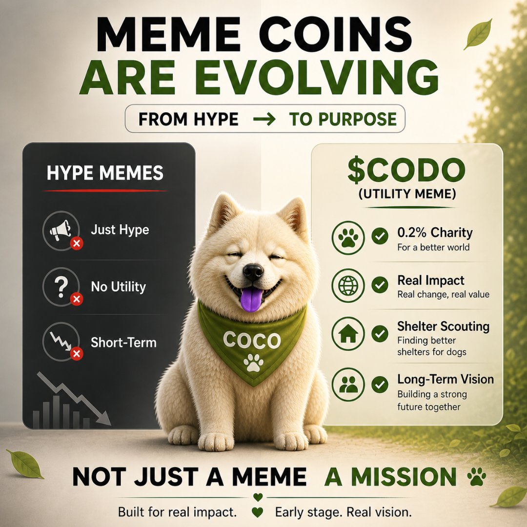 cocodoge_meme's tweet photo. Not all meme coins are the same anymore… 👀

The shift is real — from hype to purpose. 🐾

$CODO is built different:
✔ Real impact
✔ Real mission
✔ Real future

This isn’t just another meme… it’s something bigger. 💎

#CocoDoge #CODO #memecoin #utilitycoin #cryptocommunity https://t.co/pAqHiAyDHm