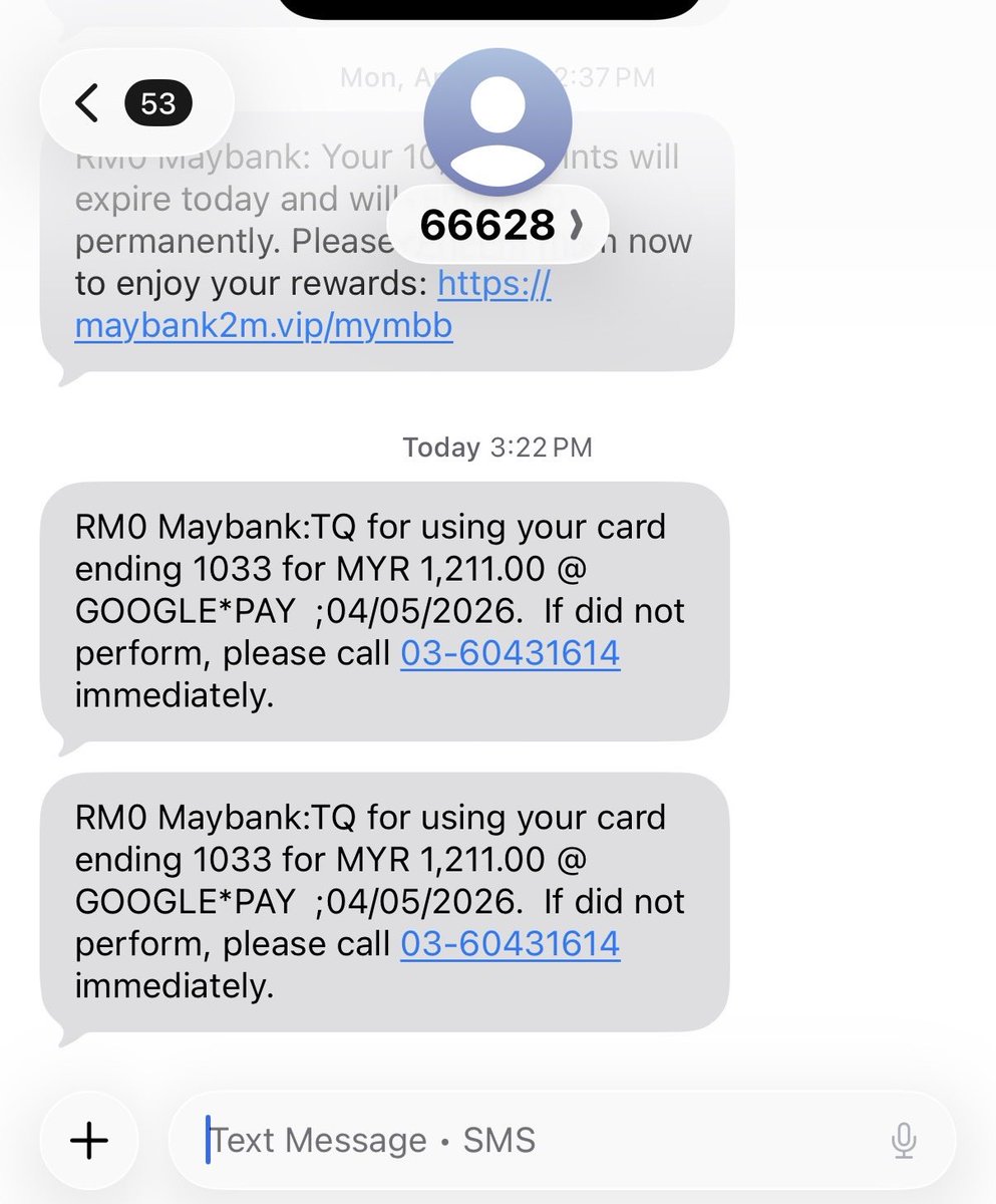 EmsRahim's tweet photo. Mcm mana scammer sekarang boleh attempt phishing guna same number (text) as @MyMaybank ? https://t.co/AbyA4AtsfJ