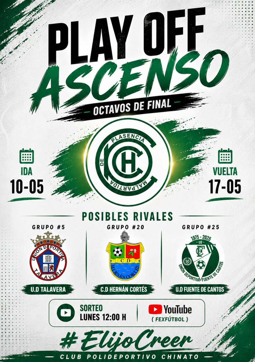 CPChinato's tweet photo. Hoy conoceremos a nuestro rival para los octavos de final por la fase de ascenso a tercera RFEF.
 Podéis seguir el sorteo en directo por el canal de Youtube de @FedExFutbol .

Posibles rivales:
@UDTalaveraReal 
@CDHERNAN_CORTES 
@UDFDC 
Ida 10-05 🚌 
Vuelta 17-05 🏠 https://t.co/RxiYDLcn8i