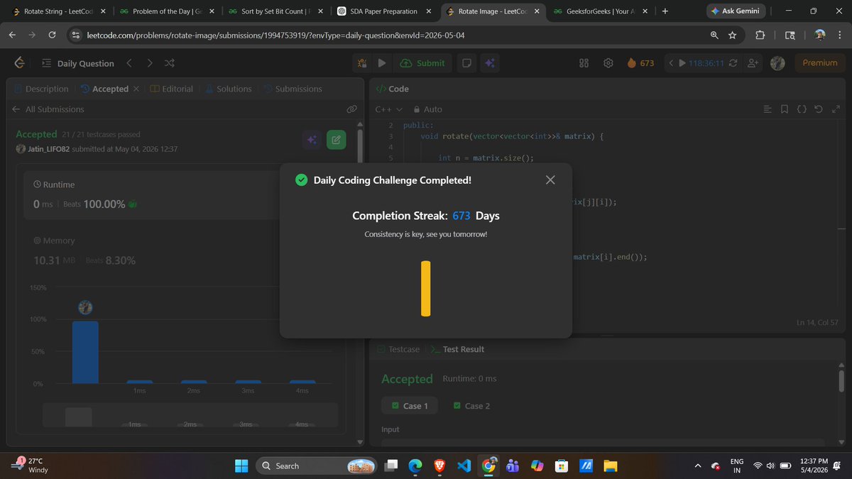 Jatin_lifo82's tweet photo. 🌟Day 488👨‍💻. 
Solve @geeksforgeeks || @LeetCode 
POTD Cpp⚡
Question LC. 48. Rotate Image Medium✅. 
Question GFG. Palindrome Binary Easy✅. 
#geeksforgeeks #leetcode #DSA #POTD 
@LeetCode @geeksforgeeks #CPP25 #CodingChallenge https://t.co/WXxMEPh0pb