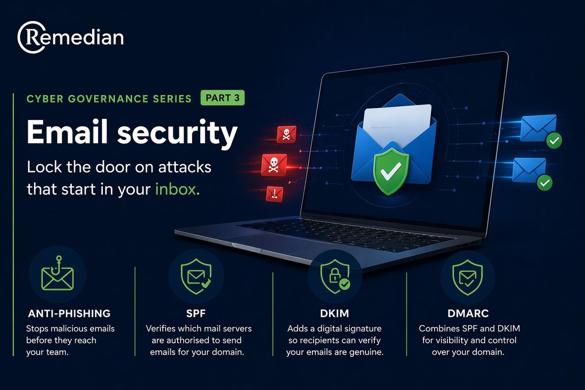 RemedianIT's tweet image. 🔐 Cyber Governance – Part 3
 
90% of attacks start with an email.
 
Are you protected?
 
📧 SPF – blocks domain spoofing
🔏 DKIM – verifies your emails
🚦 DMARC – stops impersonation
 
remedian.co.uk/cyber-essentia…
#CyberSecurity #EmailSecurity