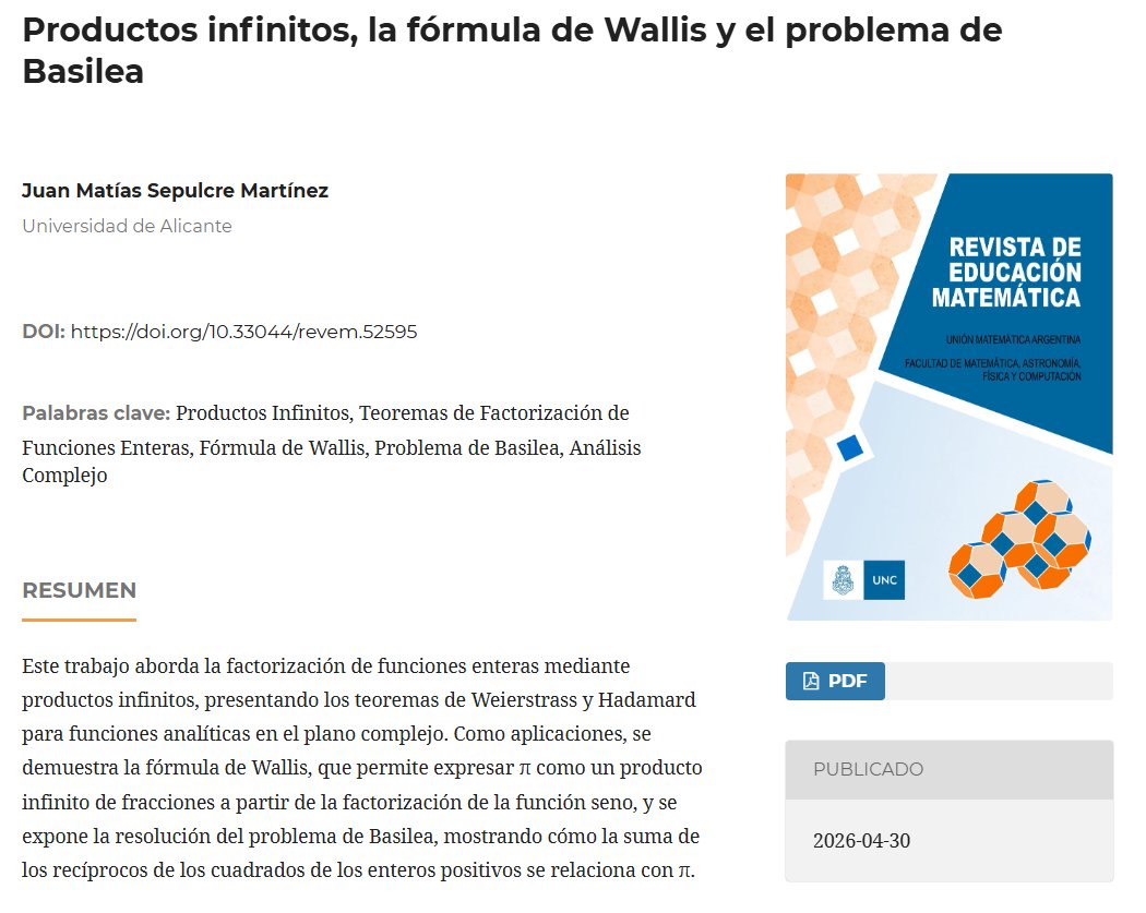 JMSepulcre's tweet photo. Ya está publicado mi artículo “Productos infinitos, la fórmula de #Wallis y el problema de Basilea” en la Revista de Educación Matemática (vol. 41, nº 1, 2026, pp. 37–53). Un recorrido por algunas conexiones clásicas y fascinantes del análisis matemático:
https://t.co/6igwQZQp3F https://t.co/as3IdYcIR4