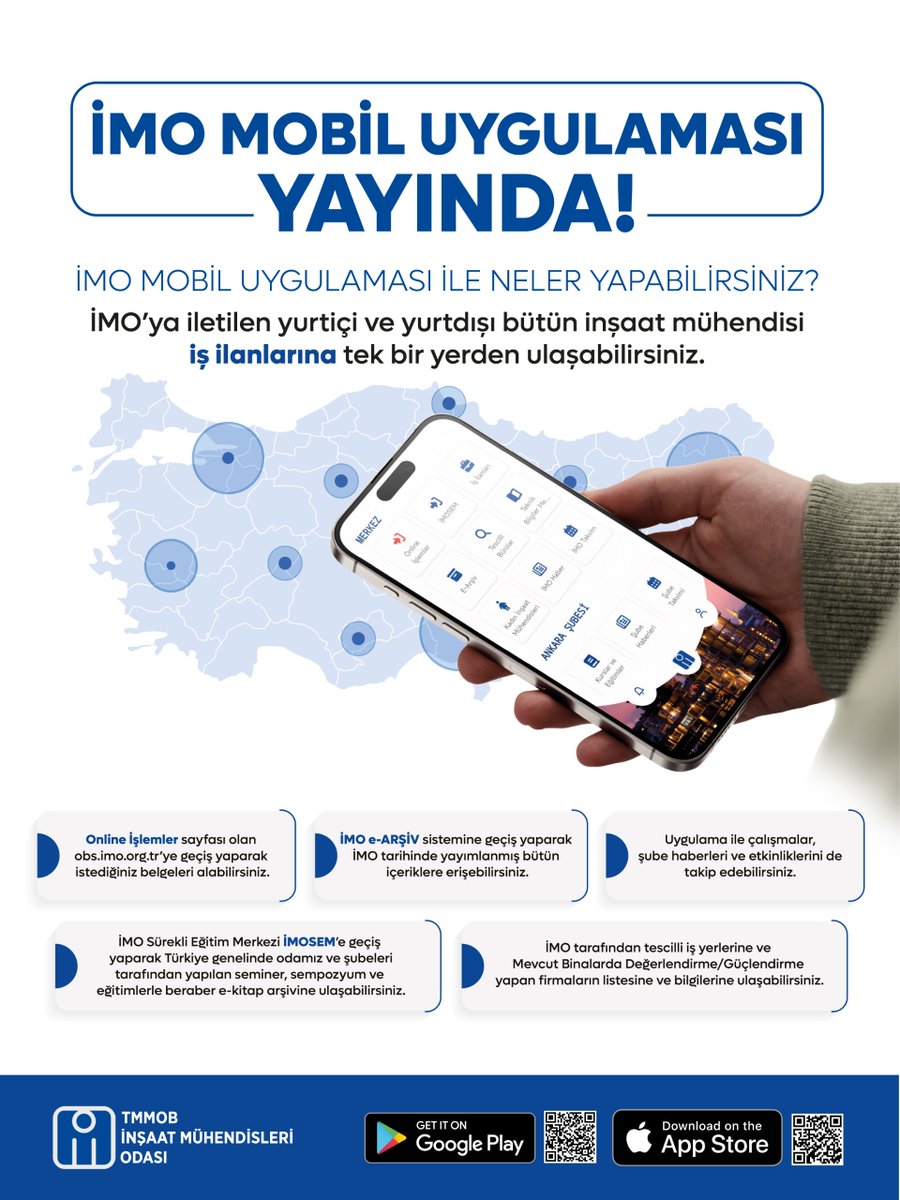 imomerkez's tweet photo. 🔷🔹 İMO Mobil Uygulaması Yayında❗
İnşaat Mühendisleri Odası tarafından tüm üyelerimizin kullanması için hazırlanan İMO Mobil Uygulaması yayınlandı! Tüm İMO üyelerinin kullanımına açılan uygulamayı indirmek için:

İMO Mobil indirme linki: https://t.co/It6skhRBVg
Uygulamayı İMO Üye İşlemleri sistemi olan OBS’ye girişte kullandığınız e-posta adresiniz ve şifrenizle kullanmaya başlayabilirsiniz.
Detaylı bilgi için👇
https://t.co/y7JoBR3V3T