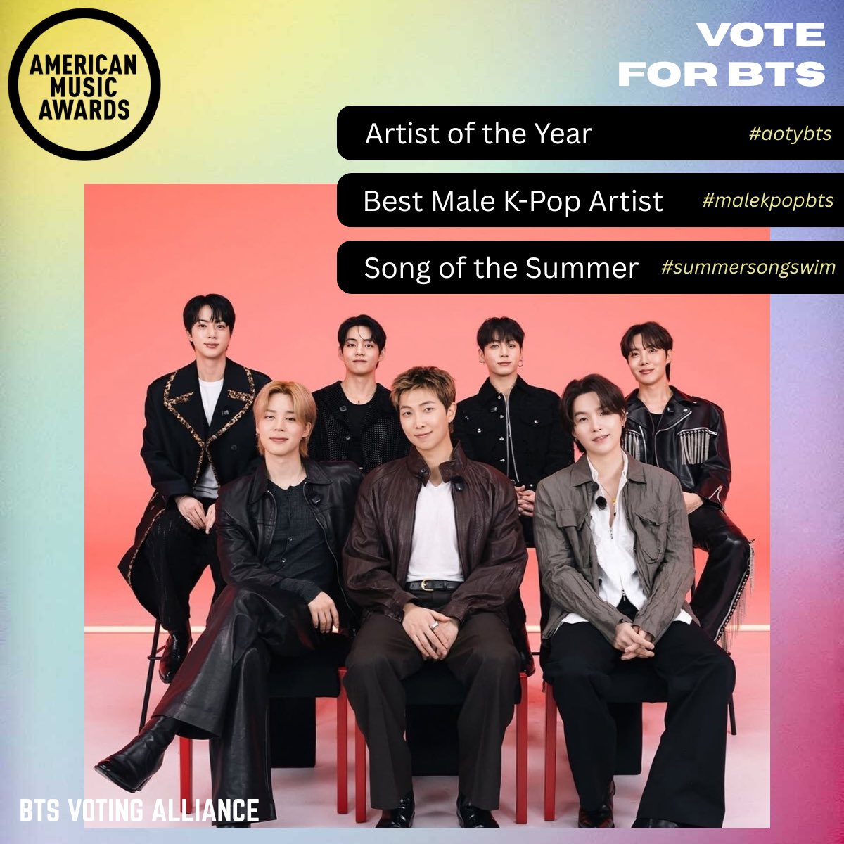 [🏆 AMERICAN MUSIC AWARDS]

⏰ VOTING HAS RESET!

Vote for BTS!
⇢ Artist of the Year
⇢ Best Male K-Pop Artist
⇢ Song of the Summer

🗳️ Website: vote.theamas.com

🗳️ Instagram
⇢ bit.ly/ig-aoty
#aotybts
⇢ bit.ly/ig-kpop-summer…
#malekpopbts
#summersongswim
