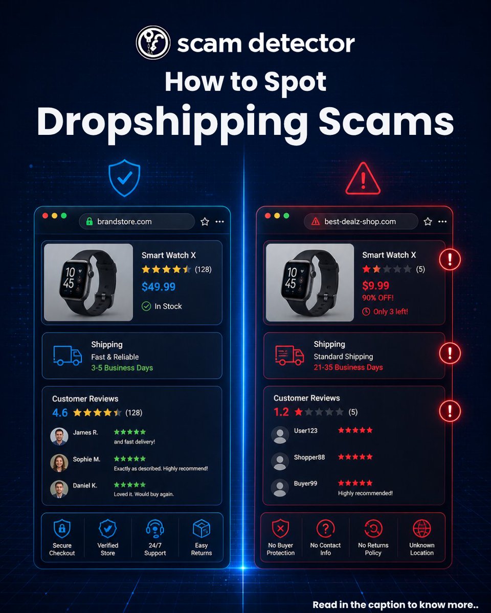 ScamDetector's tweet image. ⚠️ That “90% OFF” deal? Look closer.

Dropshipping scam signs:
• Prices too low to be realistic
• Long shipping times
• Weak or fake reviews

Pause before you buy.

👉 scam-detector.com/3-dropshipping…

#ScamAlert #OnlineShopping