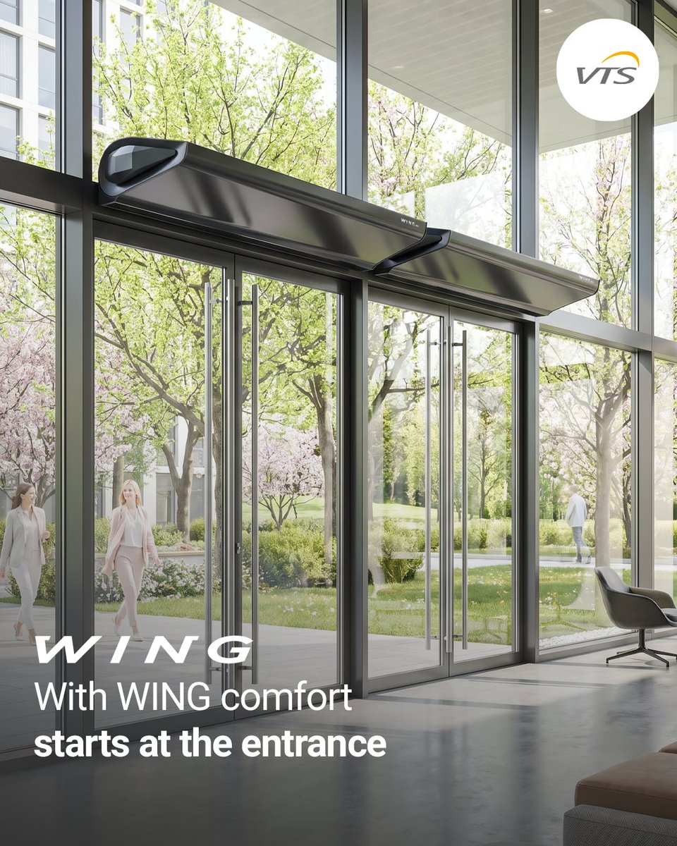 GroupVts's tweet image. At the entrance of an office building 🏢 #WING air curtain keeps the indoor climate stable from the first step. It blocks cold air, drafts and dust - quiet, efficient and ideal for high-traffic spaces. A smart #HVAC solution for better #EnergyEfficiency.