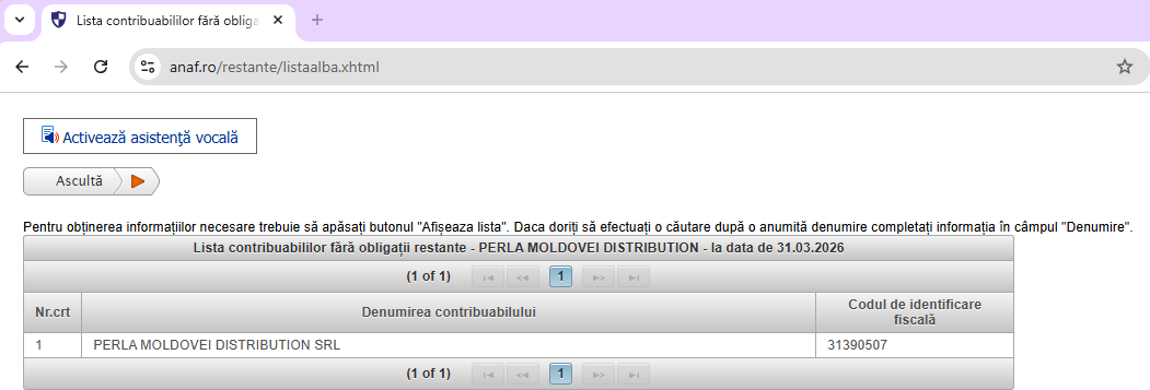 PerlaMoldovei's tweet photo. ANAF a publicat azi (04.05.2026) „Lista albă” — contribuabili fără obligații restante. Perla Moldovei Distribution SRL figurează pe listă. Situație la 31.03.2026. #transparență #PerlaMoldovei

https://t.co/nyxoPXuJph https://t.co/LKRL6wAZWl