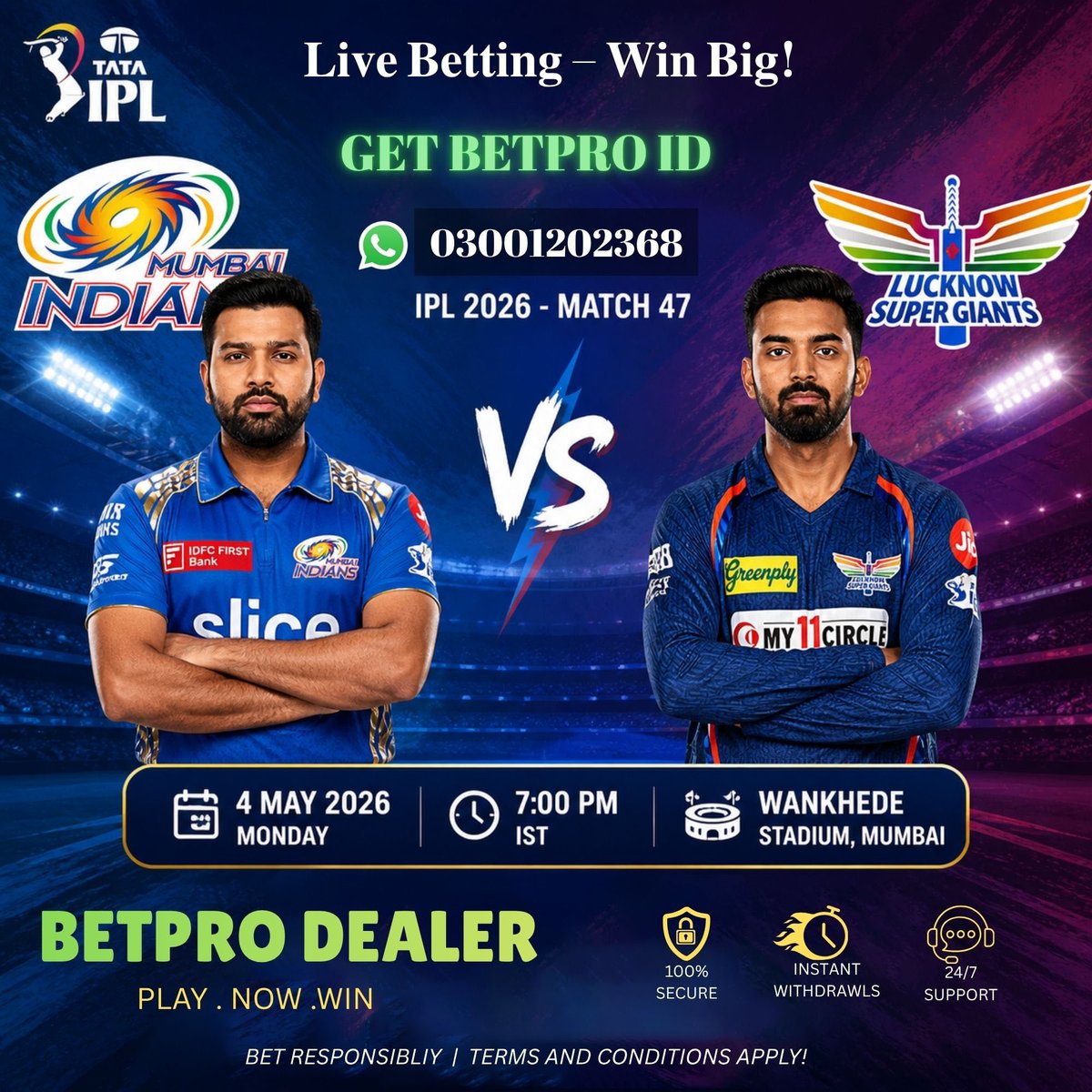 LhrBetpro510's tweet image. 📞 WhatsApp for ID: 03001202368
🏏 Mumbai Indians 🆚 Lucknow Super Giants
📅 4 May 2026
⏰ 7:30 PM
📍 Wankhede Stadium
📲 Download App Now:
play.google.com/store/apps/det…
#MIvsLSG #IPL2026 #CricketFever #T20 #MatchDay #MumbaiIndians #LucknowSuperGiants