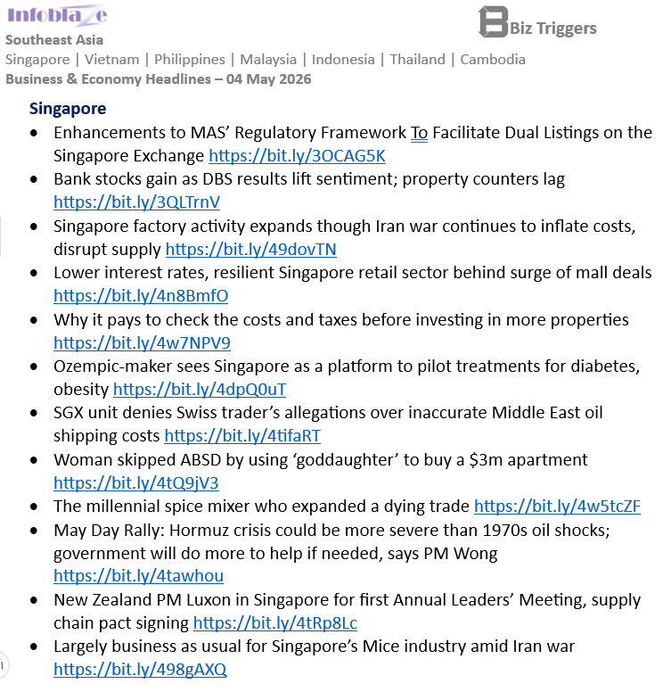 LetsTalkSG's tweet image. #Singapore Business &amp;amp; Economy Headlines
04 May 2026    

#SoutheastAsia   Full report:  infoblaze.com/news/details/1…