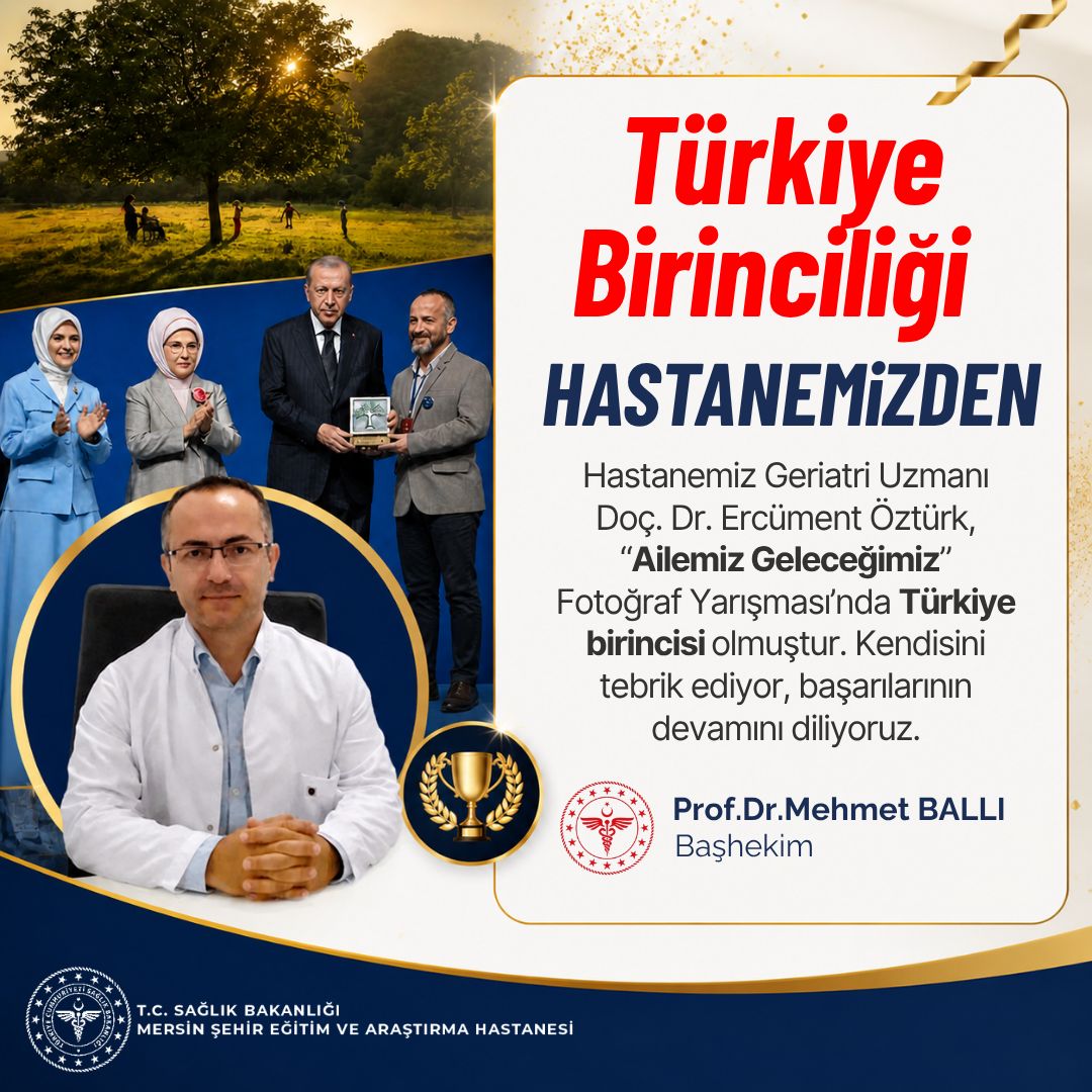 MersinSehirHst's tweet photo. Hastanemiz Geriatri Uzmanı Doç. Dr. Ercüment Öztürk, Cumhurbaşkanlığı himayelerinde düzenlenen “Ailemiz Geleceğimiz” Fotoğraf Yarışması’nda Türkiye birinciliği elde etmiştir. Sayın Cumhurbaşkanımız tarafından ödülünü alan kıymetli hocamızı tebrik ediyor, başarılarının devamını diliyoruz. Bu anlamlı başarı, sağlık çalışanlarımızın sadece mesleklerinde değil, sanat ve toplumsal farkındalık alanlarında da ne kadar değerli katkılar sunduğunu bir kez daha göstermiştir. Hastanemiz adına gurur duyuyoruz.
@saglikbakanligi 
@sbkhgm 
@mersin_ism