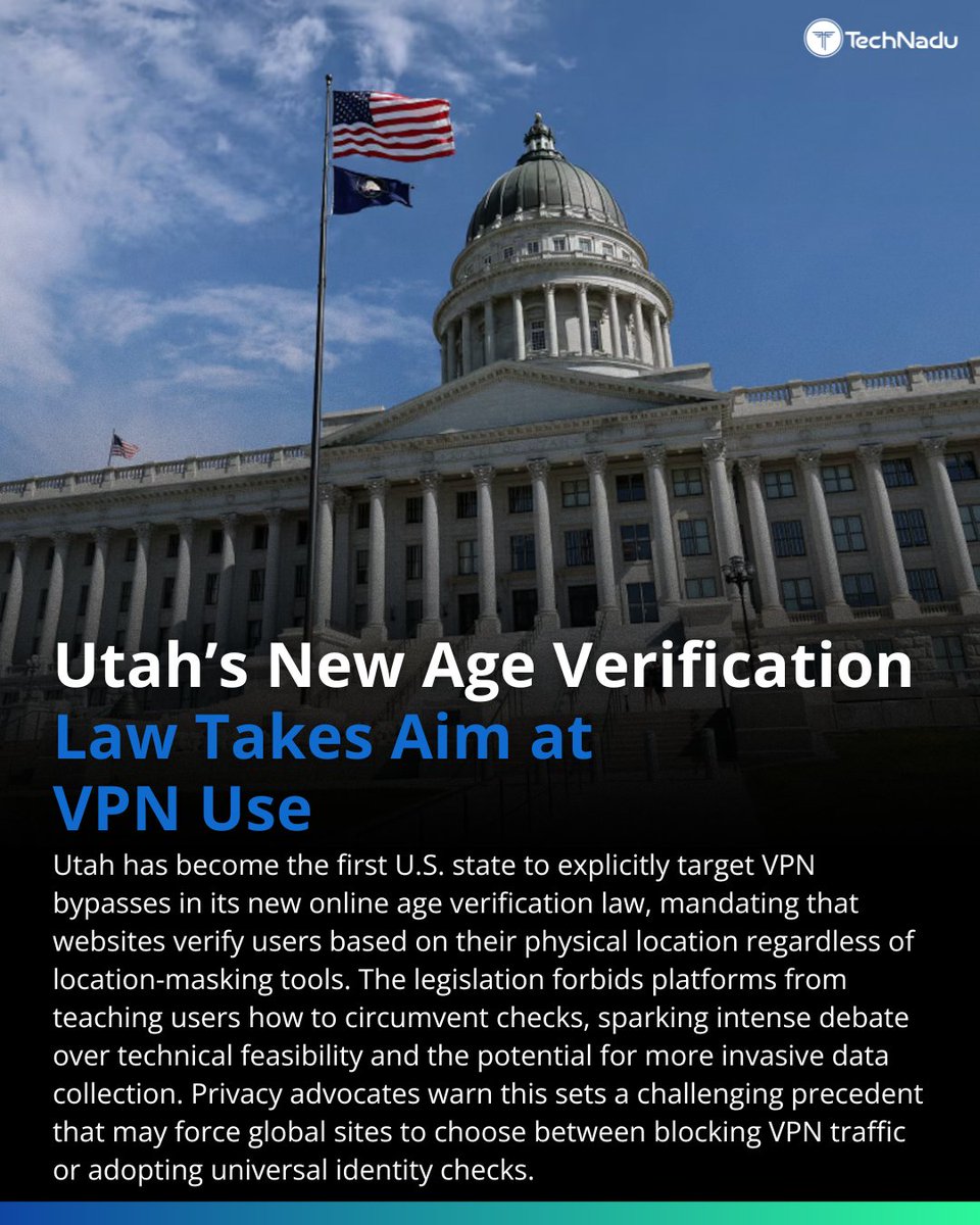 TechNadu's tweet image. Utah’s new law targets VPN use in age verification 👀
• Physical location &amp;gt; VPN masking
• Websites still liable
• Privacy vs regulation debate intensifies
Is this the future of internet control?
#CyberSecurity #VPN #Privacy #Infosec