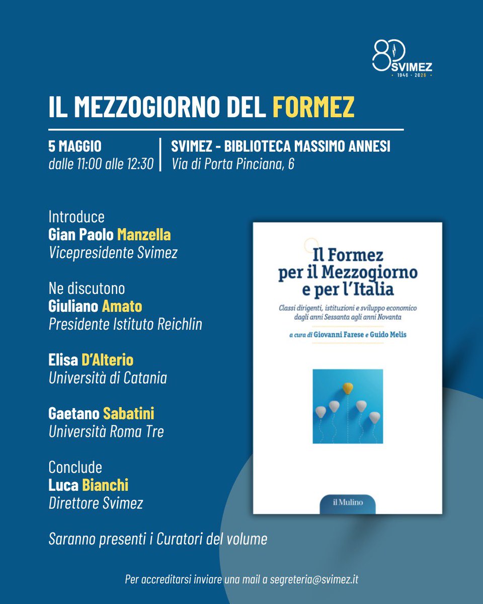 svimez's tweet photo. 📚Domani, martedì 5 maggio, dalle ore 11:00 alle 12:30, presentiamo in #Svimez “Il Formez per il Mezzogiorno e per l’Italia” a cura di @giovanni_farese e @GuidoMelisPD.
Con @GPManzella, Giuliano Amato, Elisa D’Alterio, Gaetano Sabatini e gli Autori. Conclusioni di @lubianchi68. https://t.co/Lt8IDdWEEJ