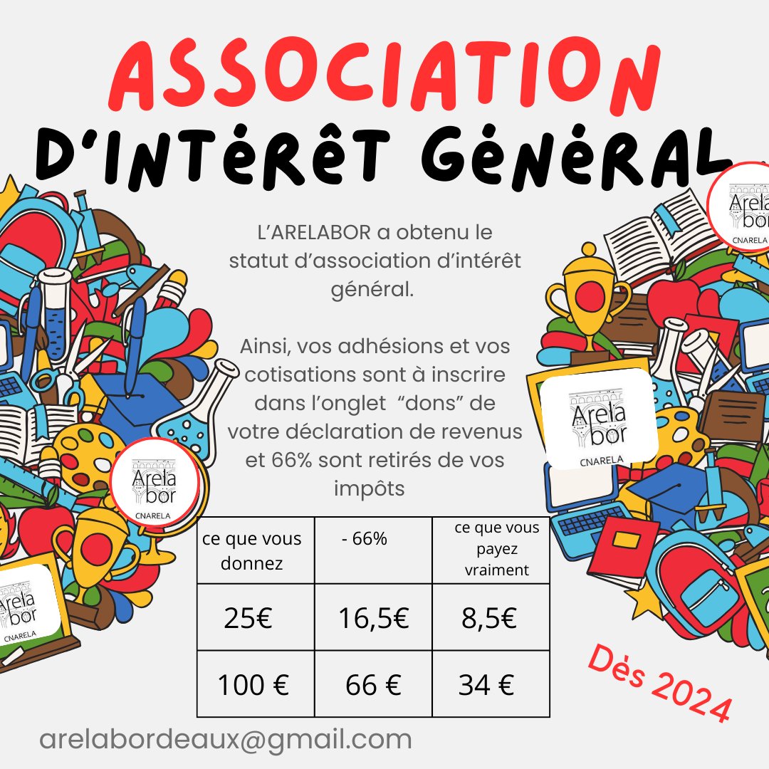 Arelabor's tweet photo. Derniers rappels de l'année ! Notre #association a le statut d'intérêt général. Donc si vous payez votre cotisation, vous en retirez 66% de vos impôts ! #tax #donation #donations #finances #mondays https://t.co/gDAlbpxtJY