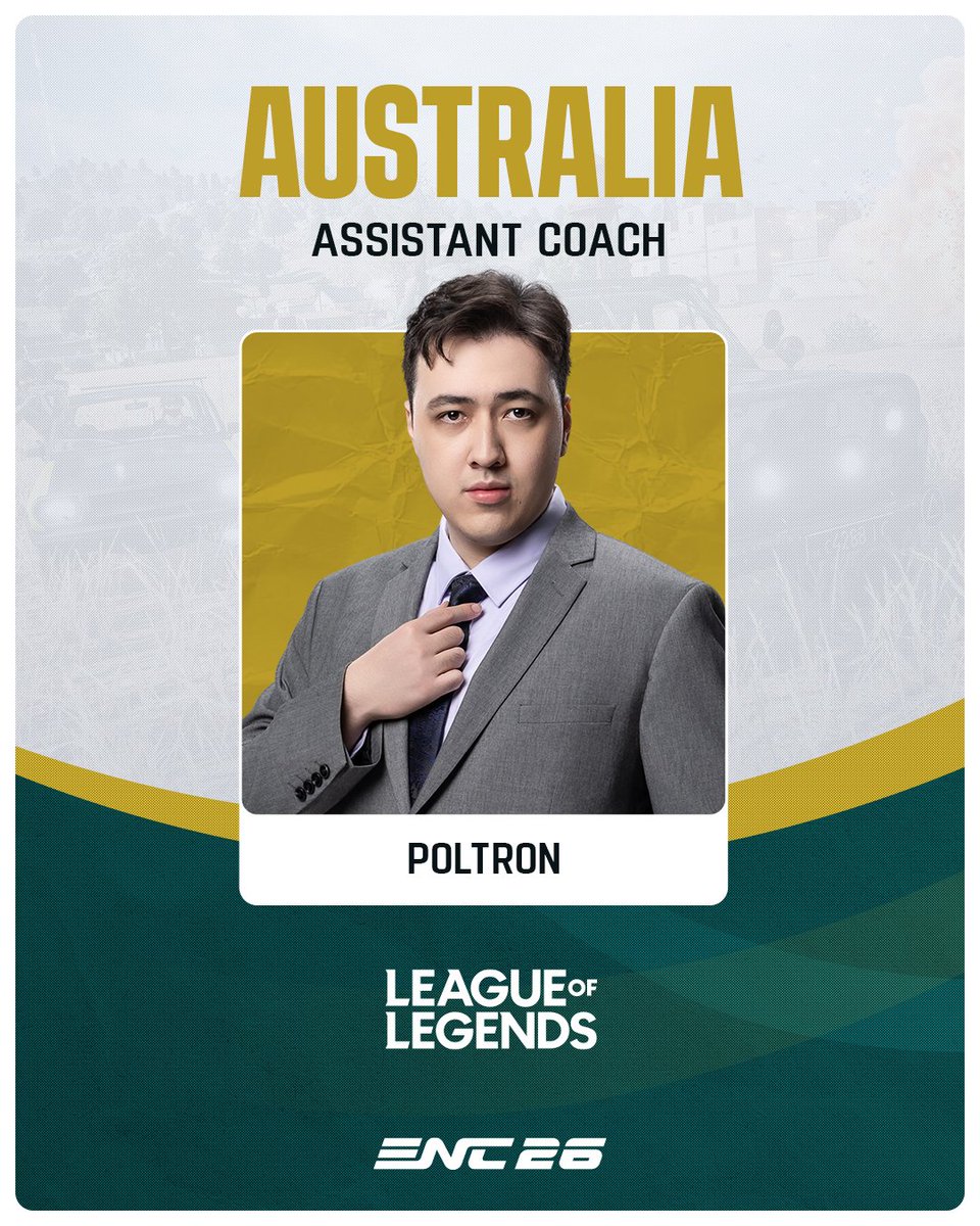 TeamAUS_Esports's tweet photo. We’re excited to share that @PoltronLOL will be joining Team Australia as our Assistant Coach for @LeagueOfLegends at @ENC_EN 2026!

Poltron, who previously served as Head Coach for The Chiefs Esports Club and Team Bliss, brings years of LCO experience and a seasoned tactical approach to our quest for the cup.

Let’s take the green and gold all the way to victory! 💪