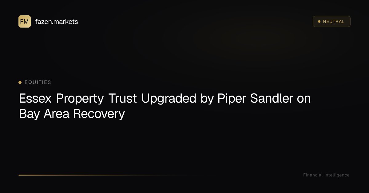 fazenmarkets's tweet image. Essex Property Trust Upgraded by Piper Sandler on Bay Area Recovery: Piper Sandler upgraded Essex on May 4, 2026; Bay Area rent momentum cited.… dlvr.it/TSM8t7 👈 Read full analysis #EssexPropertyTrust #PiperSandler #BayArea #RealEstate #Investing