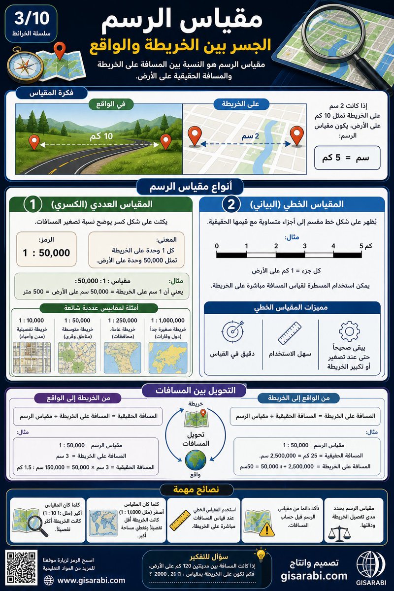 Geography_educ's tweet image. 📏 مقياس الرسم هو الجسر بين الخريطة والواقع.
كل 1 سم قد يساوي كيلومترات على الأرض، وهنا تبدأ الدقة: قراءة صحيحة = تحليل صحيح.
افهم المقياس… وسترى المسافات كما هي، لا كما تبدو.
gisarabi.com

#جغرافيا #GIS