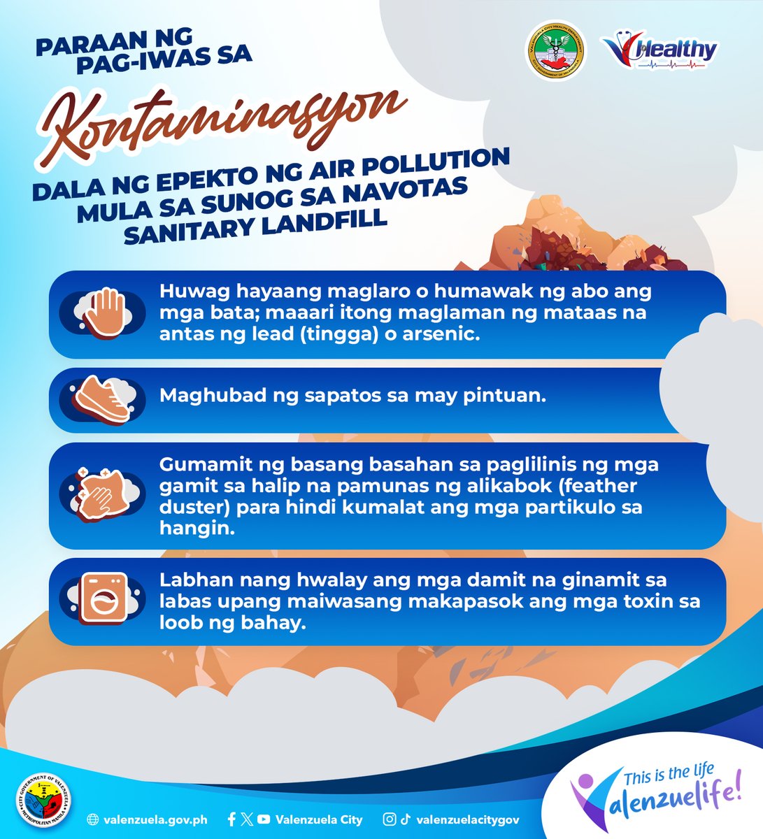 valenzuelacity's tweet photo. Habang patuloy ang usok mula sa Navotas Sanitary Landfill, mahalagang protektahan ang ating sarili laban sa mga panganib na dulot nito. Sundin ang mga safety tips na ito upang mapangalagaan ang sarili at ang pamilya.

Mag-ingat at manatiling alerto, Valenzuelanos! https://t.co/iMphse5DIO