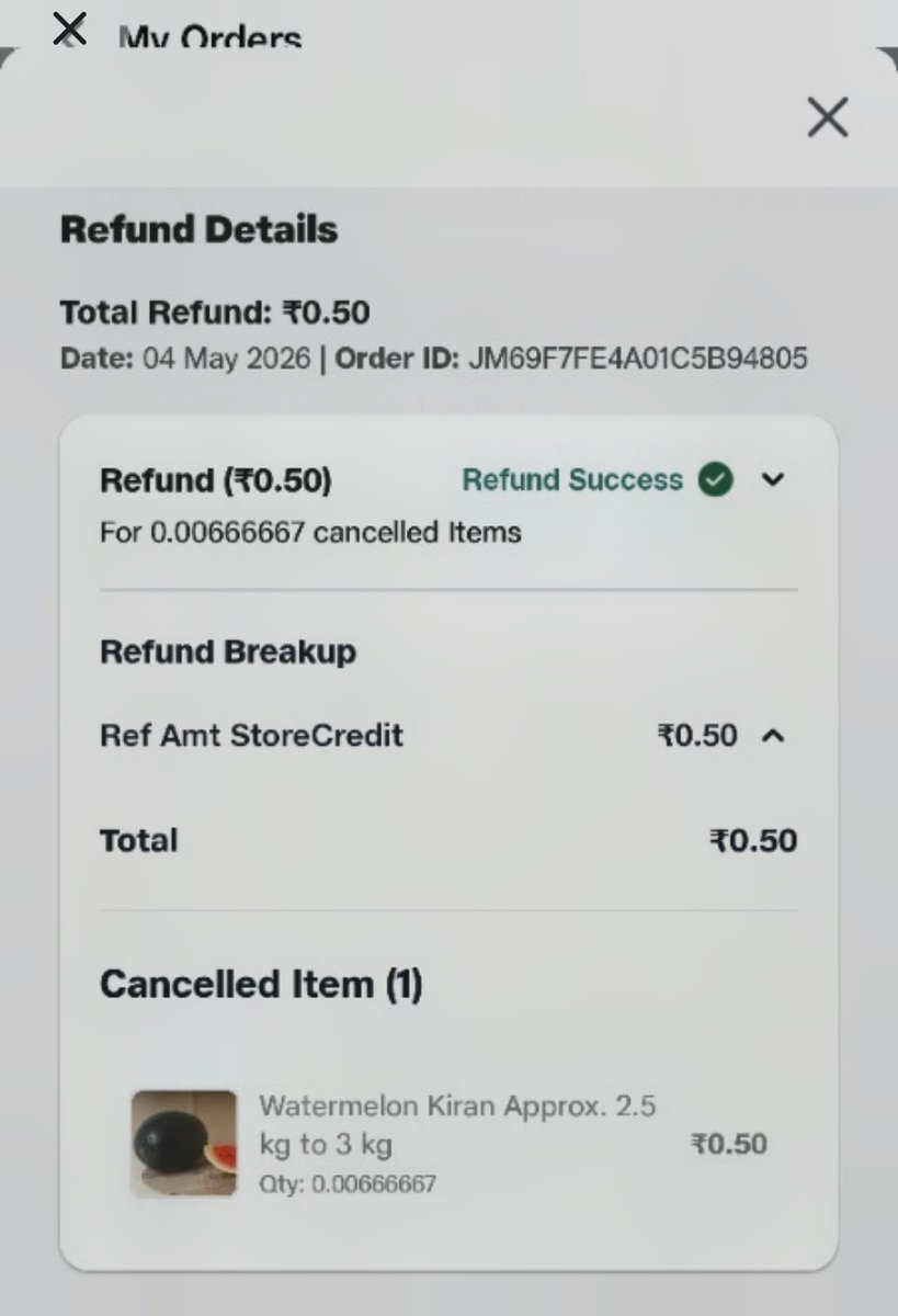 AmitU872761's tweet photo. @JioMart_Support I received the water melon ..Why is your app showing it as cancelled ? Why appx 60 paisa is refunded ?it is not a weight round off. 
Sms -
One or more items from your JioMart order JM69F7FE4A01C5B94805 are not being sent. You can check the details in My Orders tab on the app. https://t.co/wmFdYhJTaN