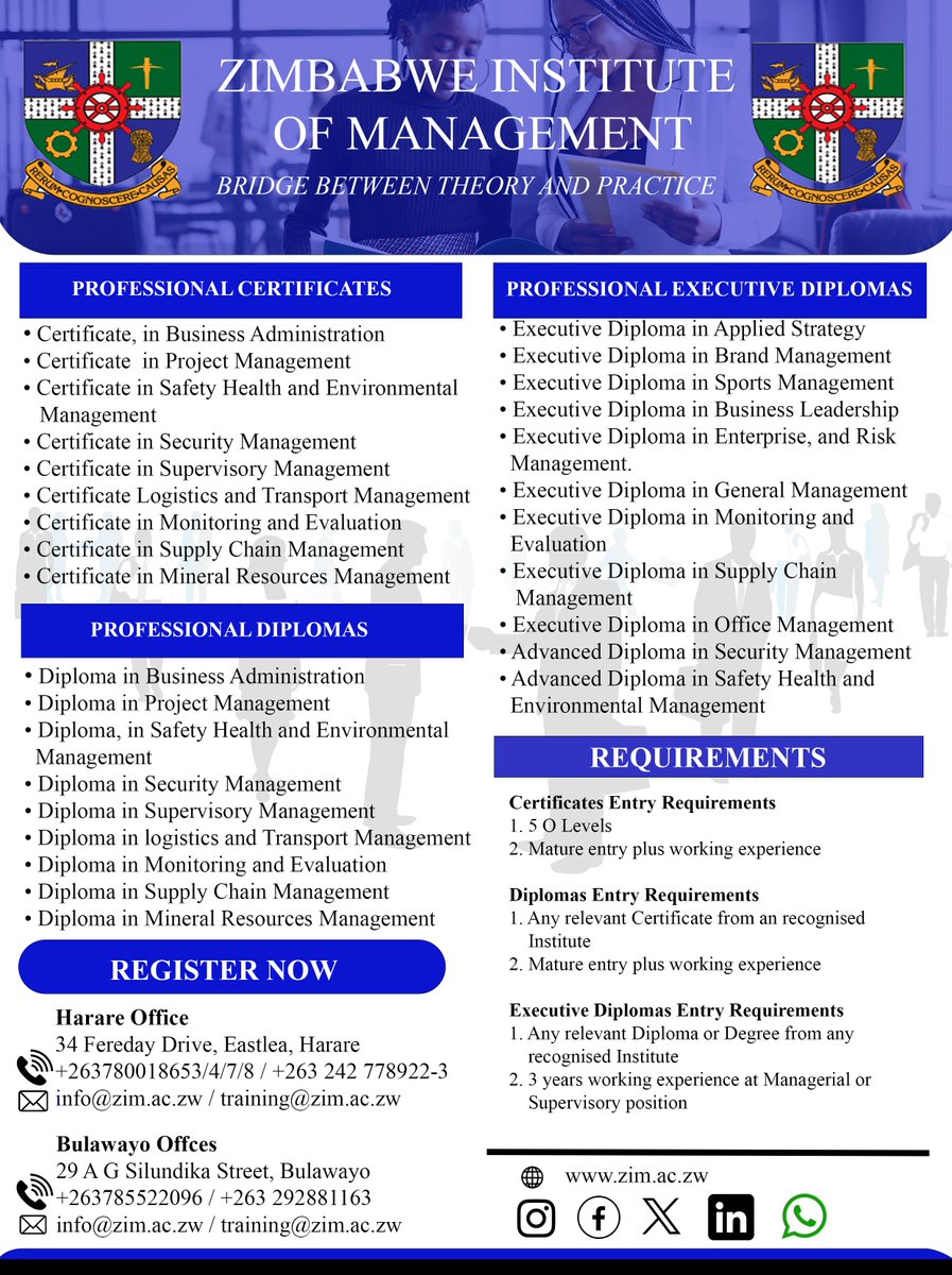 ZimbabweInstit3's tweet photo. 📢 May and June 2026 Intake in Progress
The Zimbabwe Institute of Management is now enrolling for Certificates, Diplomas, and Executive Diplomas across various management disciplines.

#ProfessionalGrowth #ProfessionalGrowth #ProfessionalDevelopment  #EnrollNow https://t.co/Ddjd9syNF9