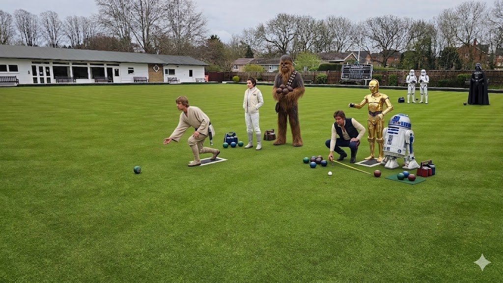 OakhamBowling's tweet image. Showing some new potential members the ropes this morning 
#maythefourthbewithyou 
#Oakham #Rutland #lawnbowls  #starwars
