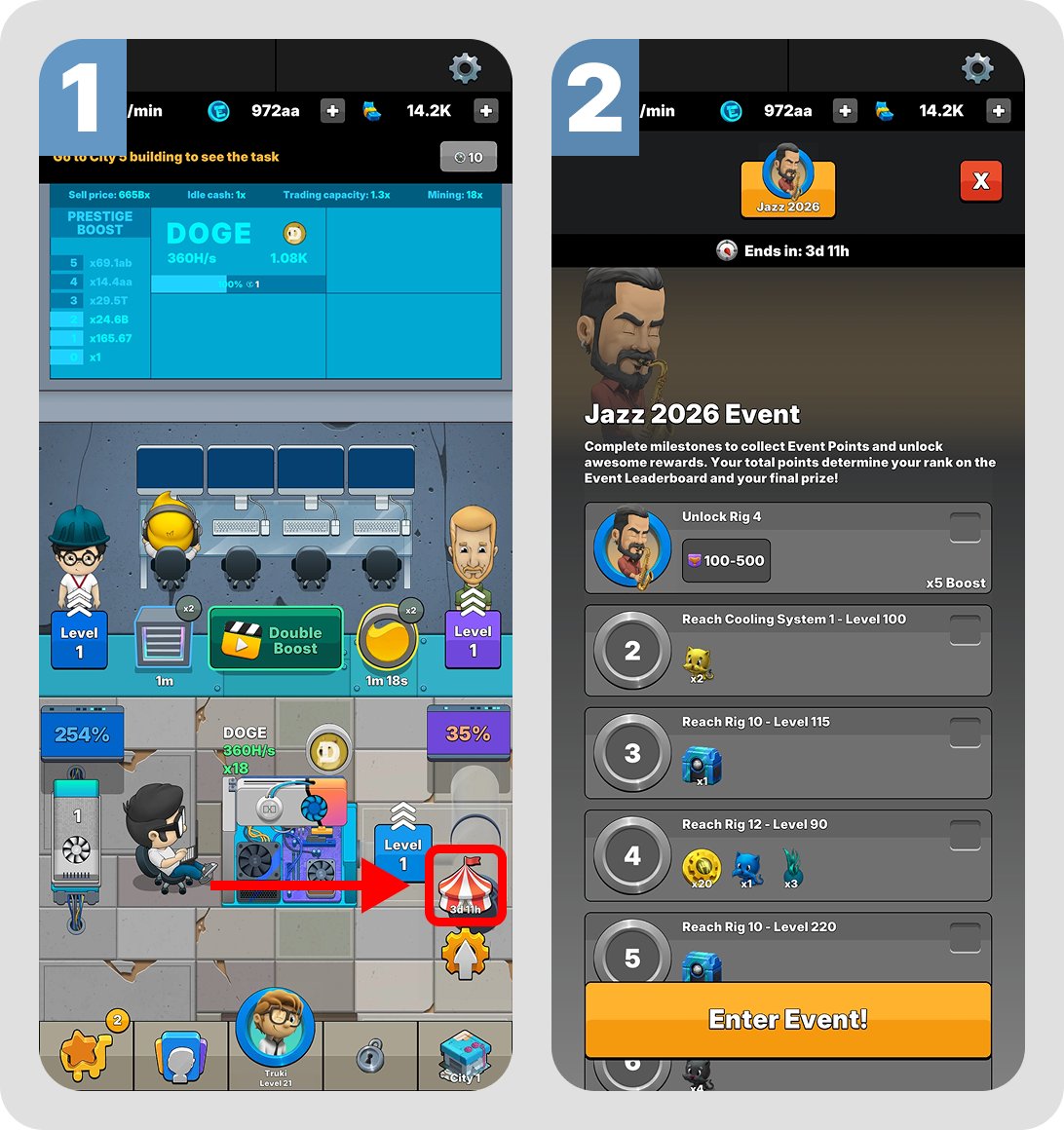 CryptoIdleMiner's tweet photo. @ToxicDonni Entering an Event is easy! Whenever an Event is currently active, you can access it via a circus tent icon in the bottom right corner of your screen. If the circus tent icon is not visible, there is no active Event at the moment. https://t.co/vnFuSLSr3G