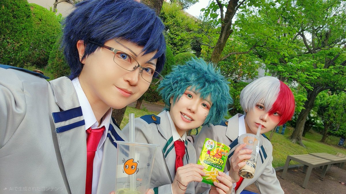 ずっとタピってる轟君
この後飯田が食べてたサラダポテトをぶちまける緑谷君
抹茶大好き飯田
後半ゆっくりしながら撮影楽しんだ

路地裏はいいぞ！親友組はいいぞ！

#高田馬場COSSAN

🥦　<a href="/yuntaros_98/">バーグ班ﾟ</a> 
🍰　<a href="/7ryuca_cos/">リュカ@4🍓🍼</a> 
👓　カル