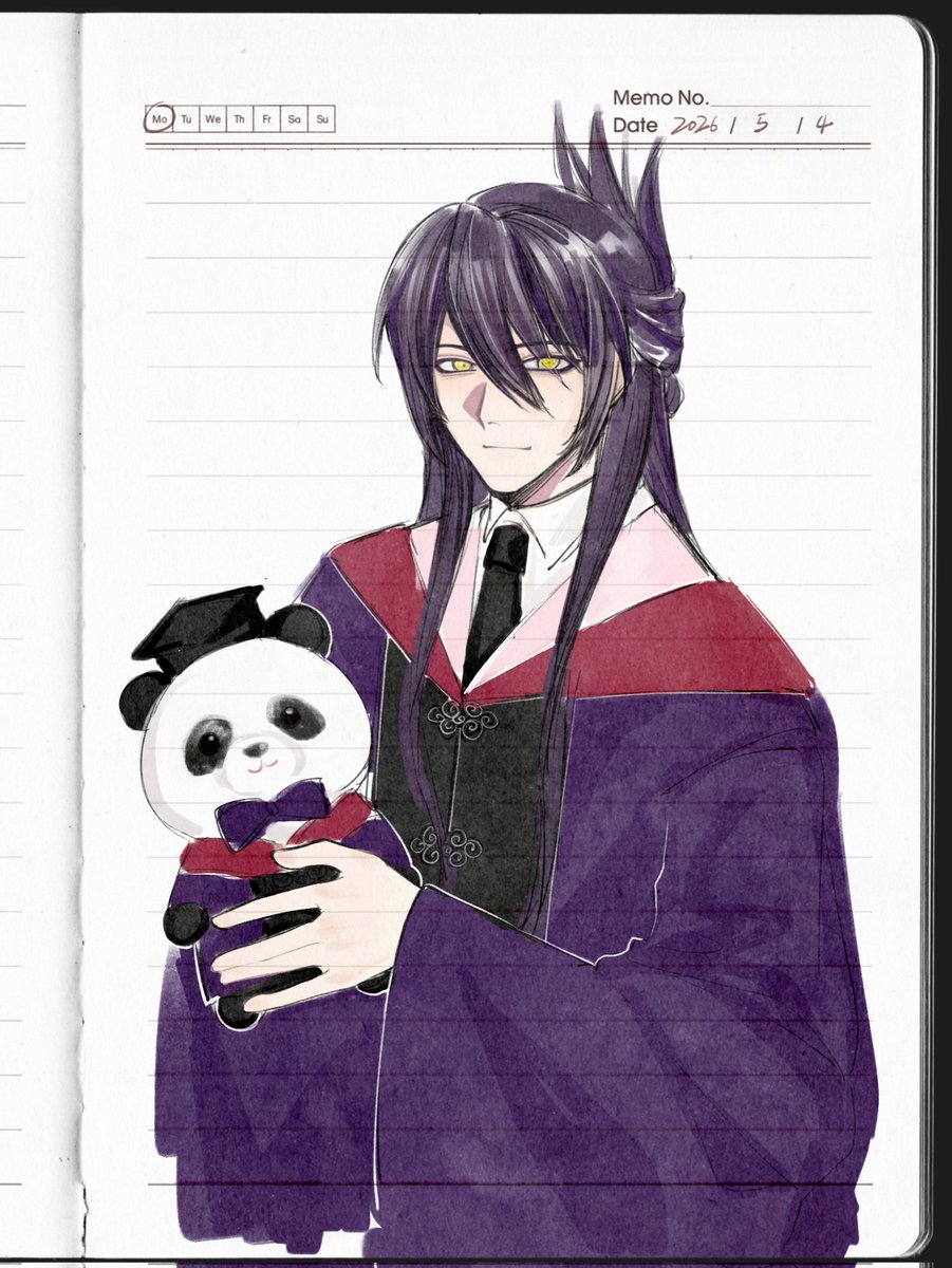 Hiberianya's tweet photo. It's graduation season now, so I drew Ren wearing a TSU academic gown. I think Jeanne would give Ren a graduation panda instead of a graduation bouquet.I have no idea of Ren's major but mine is literature so I jus drew a pink collar haha.
#TaoRen #shamanking https://t.co/DVJgXUJXdk