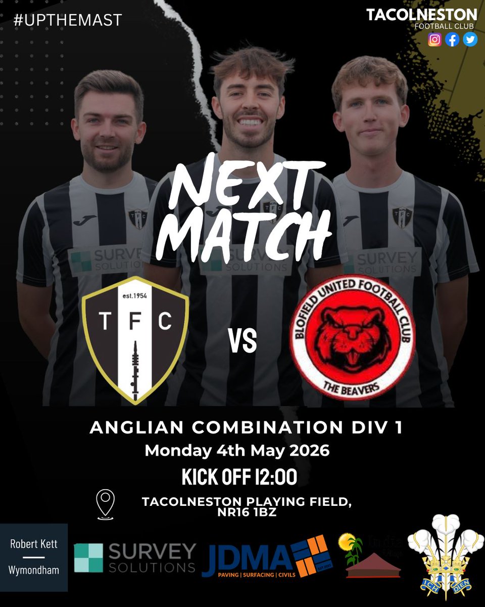 TacolnestonFC's tweet photo. ⚽ First Team Fixture ⚽ 

Today we host @BUFCbeavers in the @AnglianCom Div 1.

Thanks to our sponsors 

@jdma_paving 
@SurvSol_East 
@Indiavillage2 
Feathers Pub - Wymondham 
Robert Kett Pub - Wymondham 

#UTM
🖤🤍 https://t.co/WrHLxCB6r6