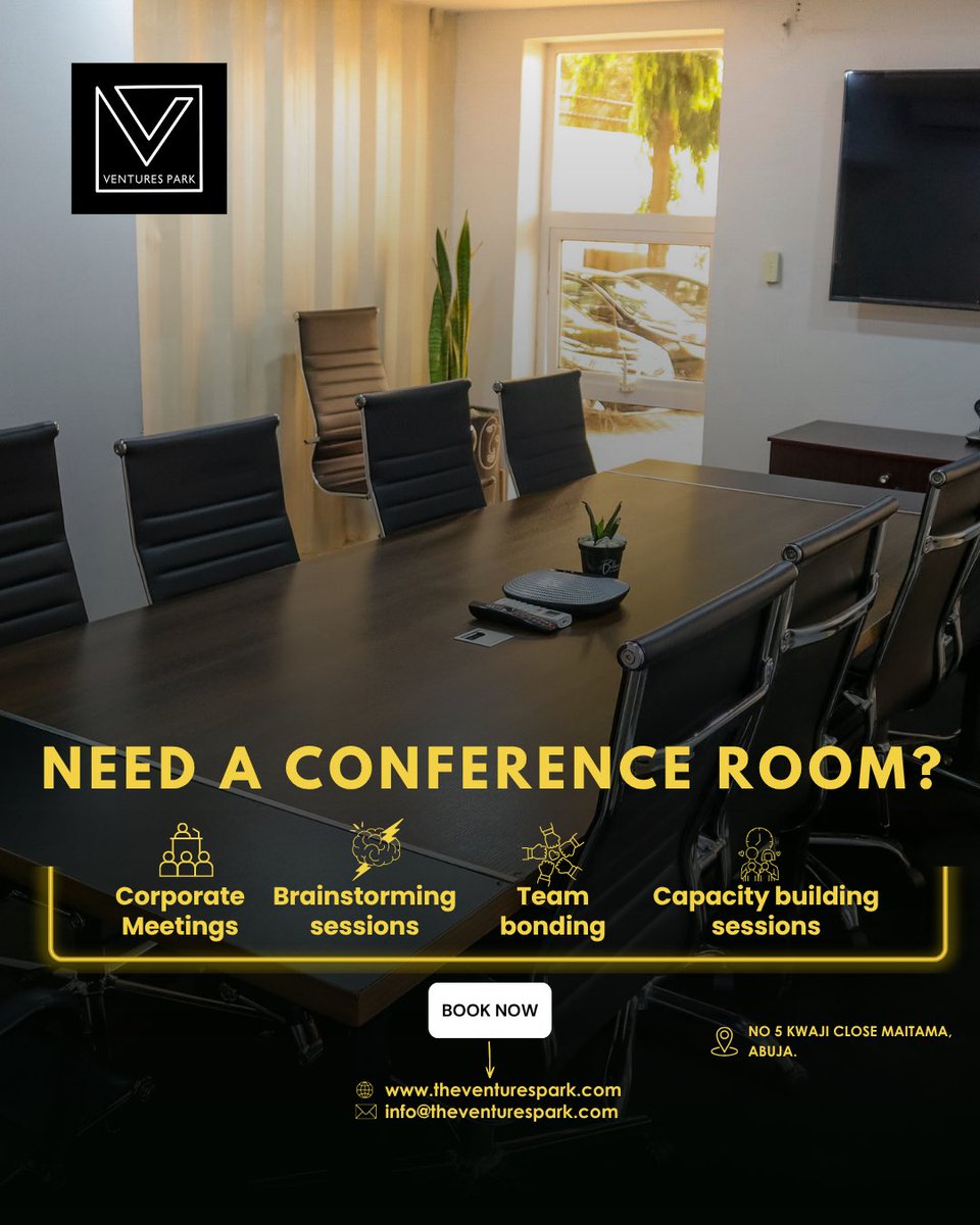 theventurespark's tweet image. Need a meeting room in the heart of Abuja? 
We’ve got the perfect spot for your next big idea!

Reserve your space at Ventures Park today.
Visit our website theventurespark.com or send us a DM
#VenturesPark #MeetingRoomGoals #Abuja #CoworkingLife